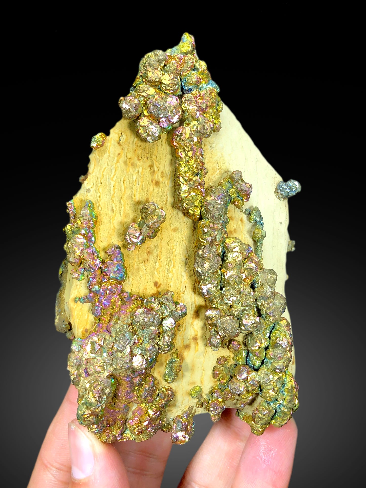 Natural Rainbow Color Pyrite on Yellow Limonite, Pyrite Crystals, Raw Mineral, Pyrite Specimen - 460 gram