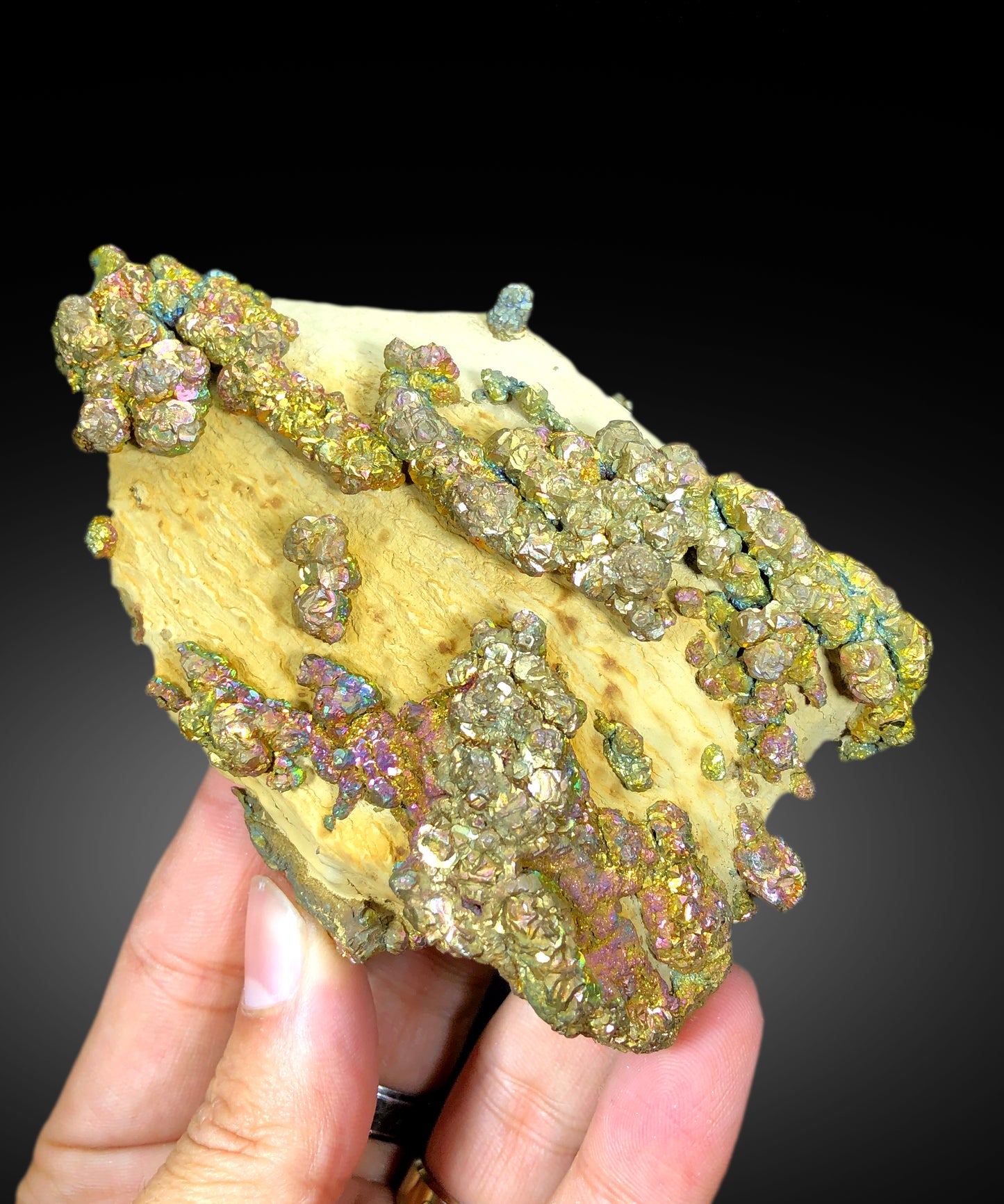 Natural Rainbow Color Pyrite on Yellow Limonite, Pyrite Crystals, Raw Mineral, Pyrite Specimen - 460 gram