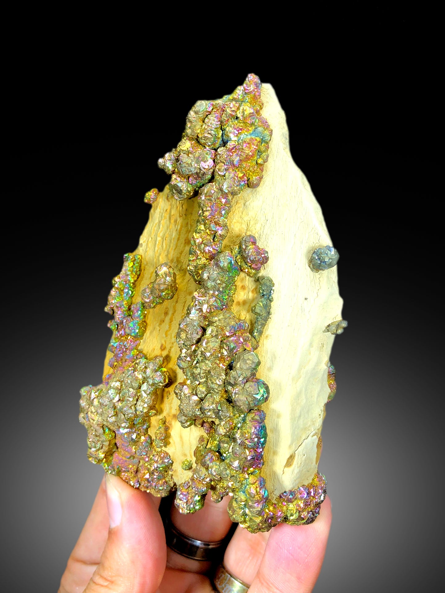 Natural Rainbow Color Pyrite on Yellow Limonite, Pyrite Crystals, Raw Mineral, Pyrite Specimen - 460 gram