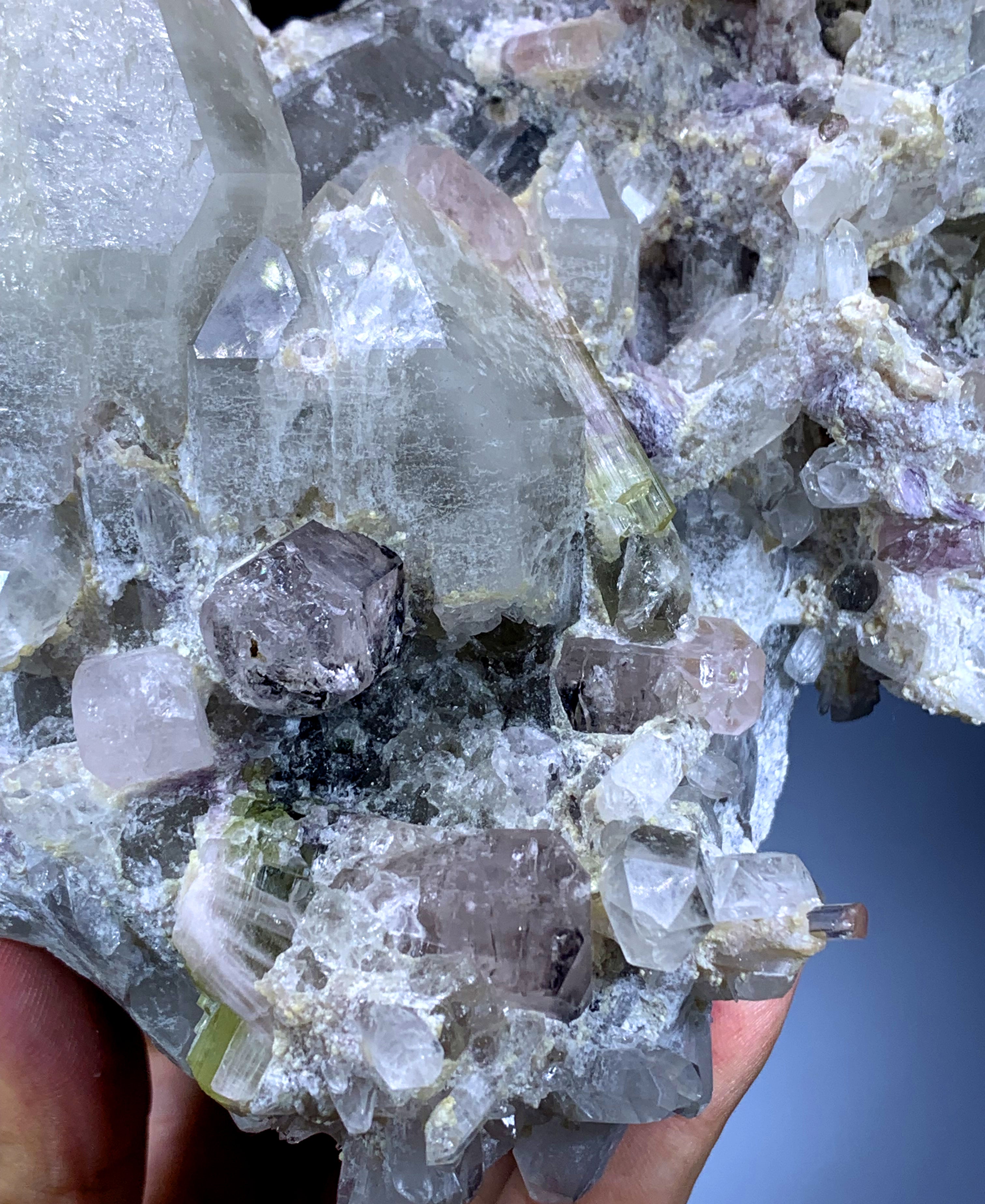 Bicolor Tourmaline with Aquamorganites on Quartz from Afghanistan - 1600 grams