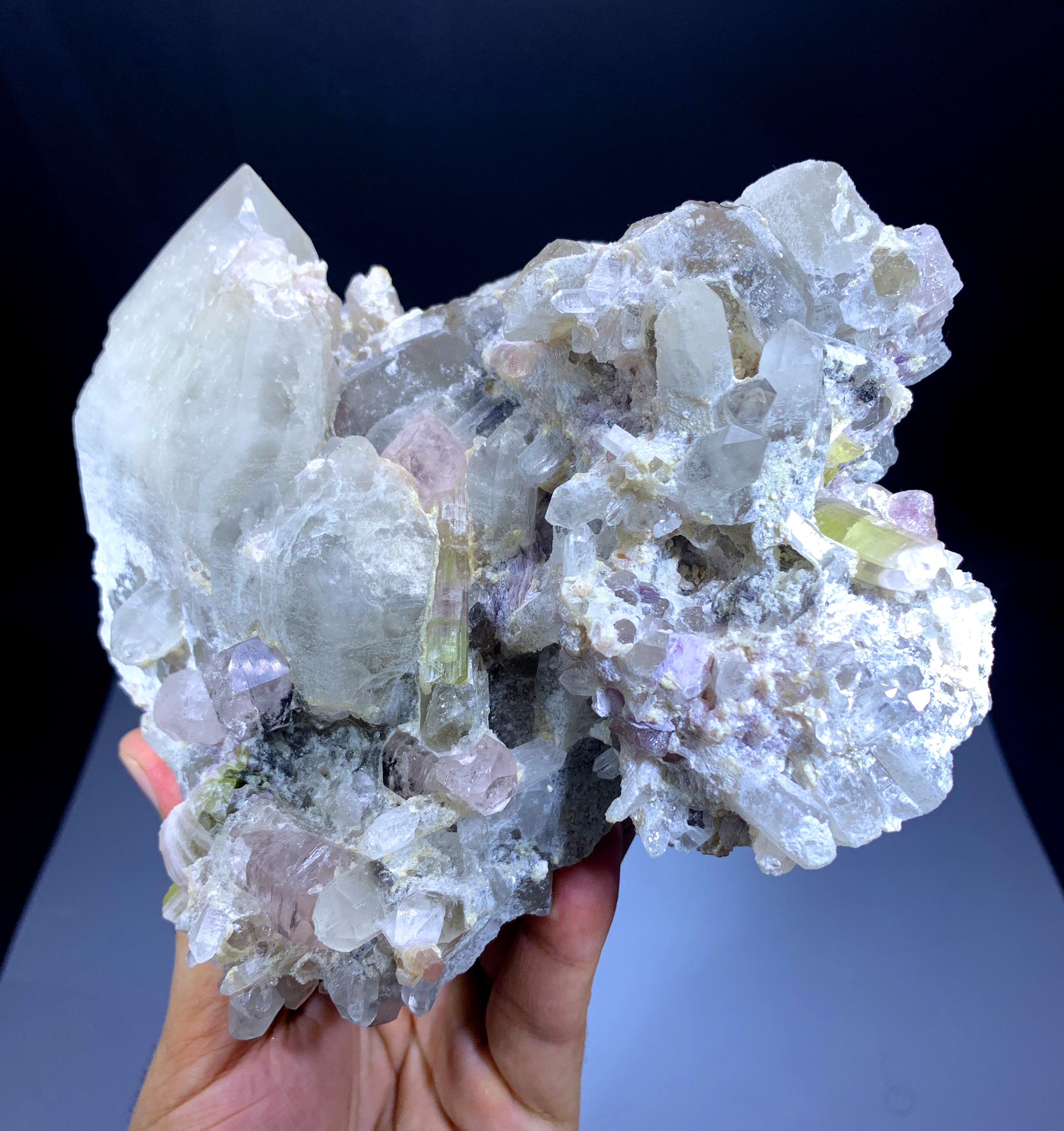 Bicolor Tourmaline with Aquamorganites on Quartz from Afghanistan - 1600 grams