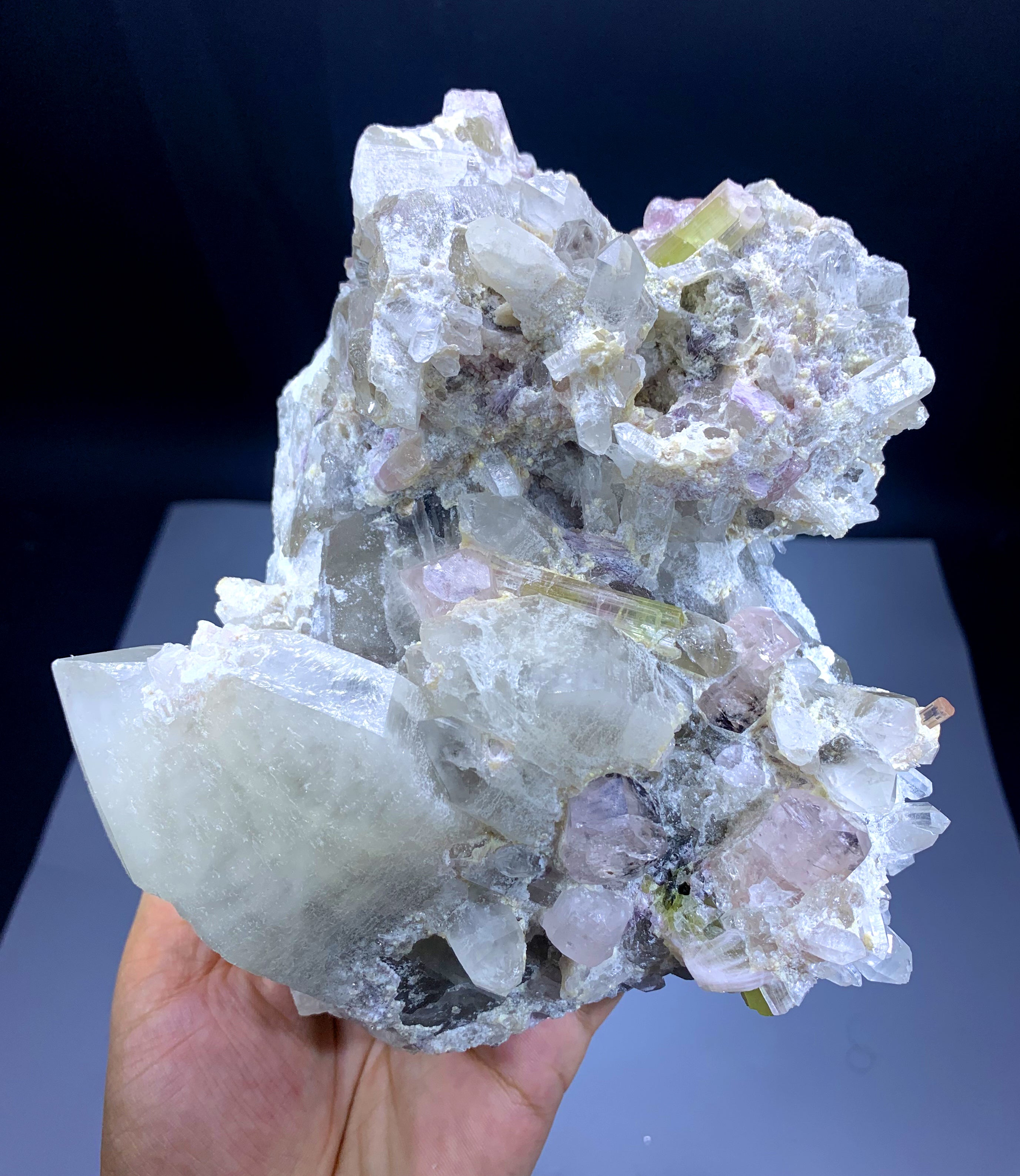 Bicolor Tourmaline with Aquamorganites on Quartz from Afghanistan - 1600 grams