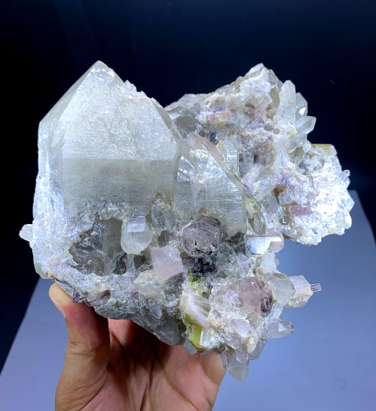 Bicolor Tourmaline with Aquamorganites on Quartz from Afghanistan - 1600 grams