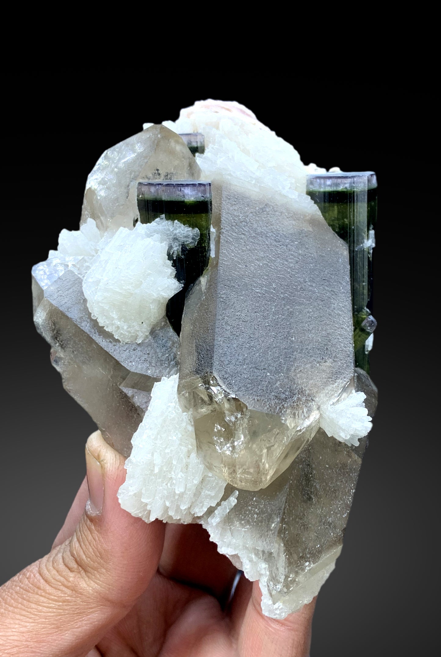 Tourmaline Crystals on Smoky Quartz, Tourmaline Specimen with Albite, Purple Cap Tourmaline, Tricolor Tourmaline, Paprok Tourmaline, 398 g