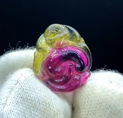 Drilled Bicolor Tourmaline Carving, Tourmaline Necklace, Hand Carved, Polished Tourmaline Carving - 8.40 CT