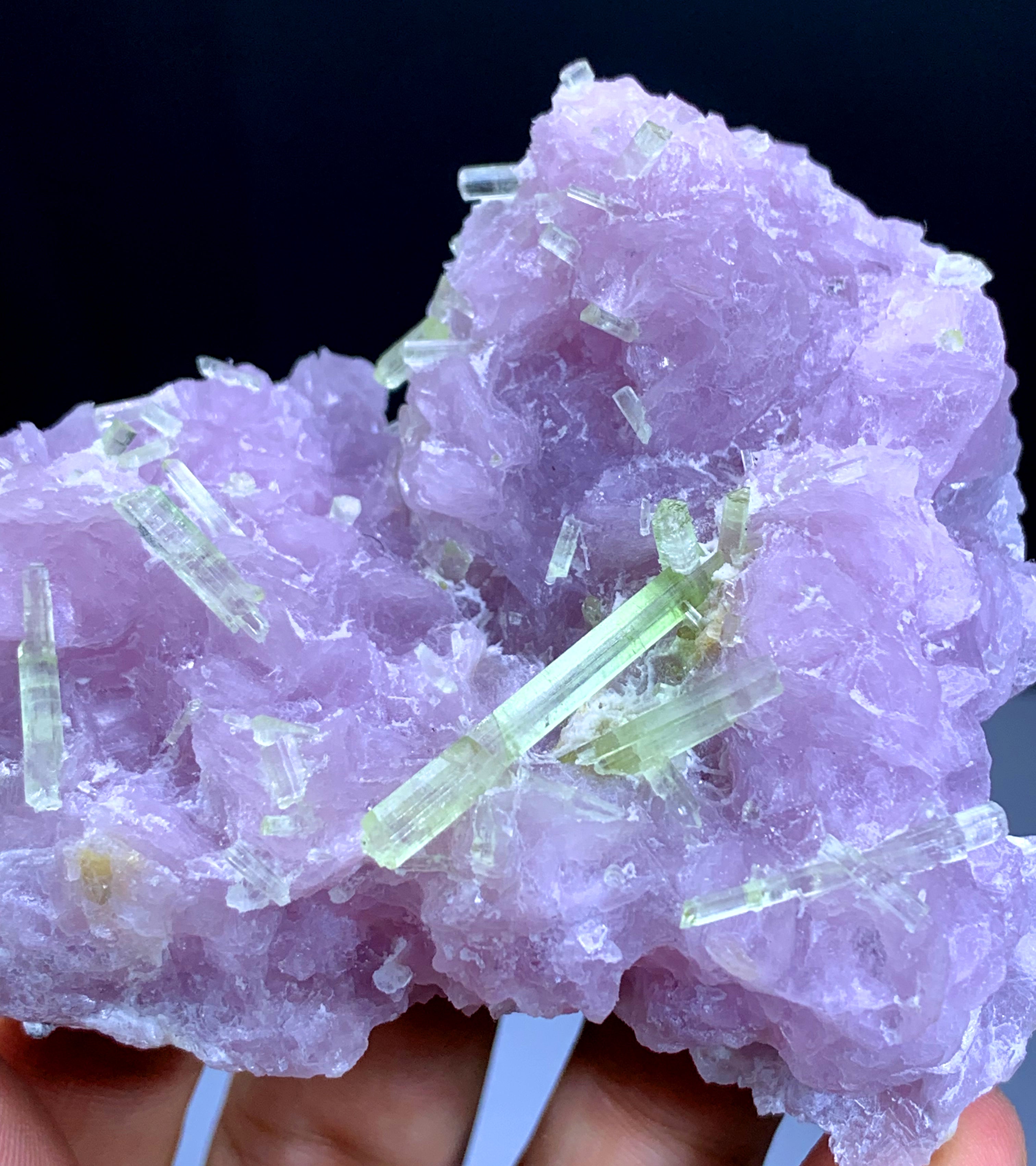 Green Tourmaline Crystals with Rare Microlite on Pink Lepidolite from Pakistan - 198 gram