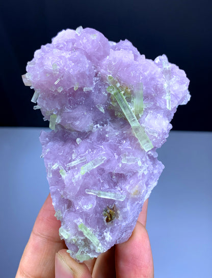 Green Tourmaline Crystals with Rare Microlite on Pink Lepidolite from Pakistan - 198 gram