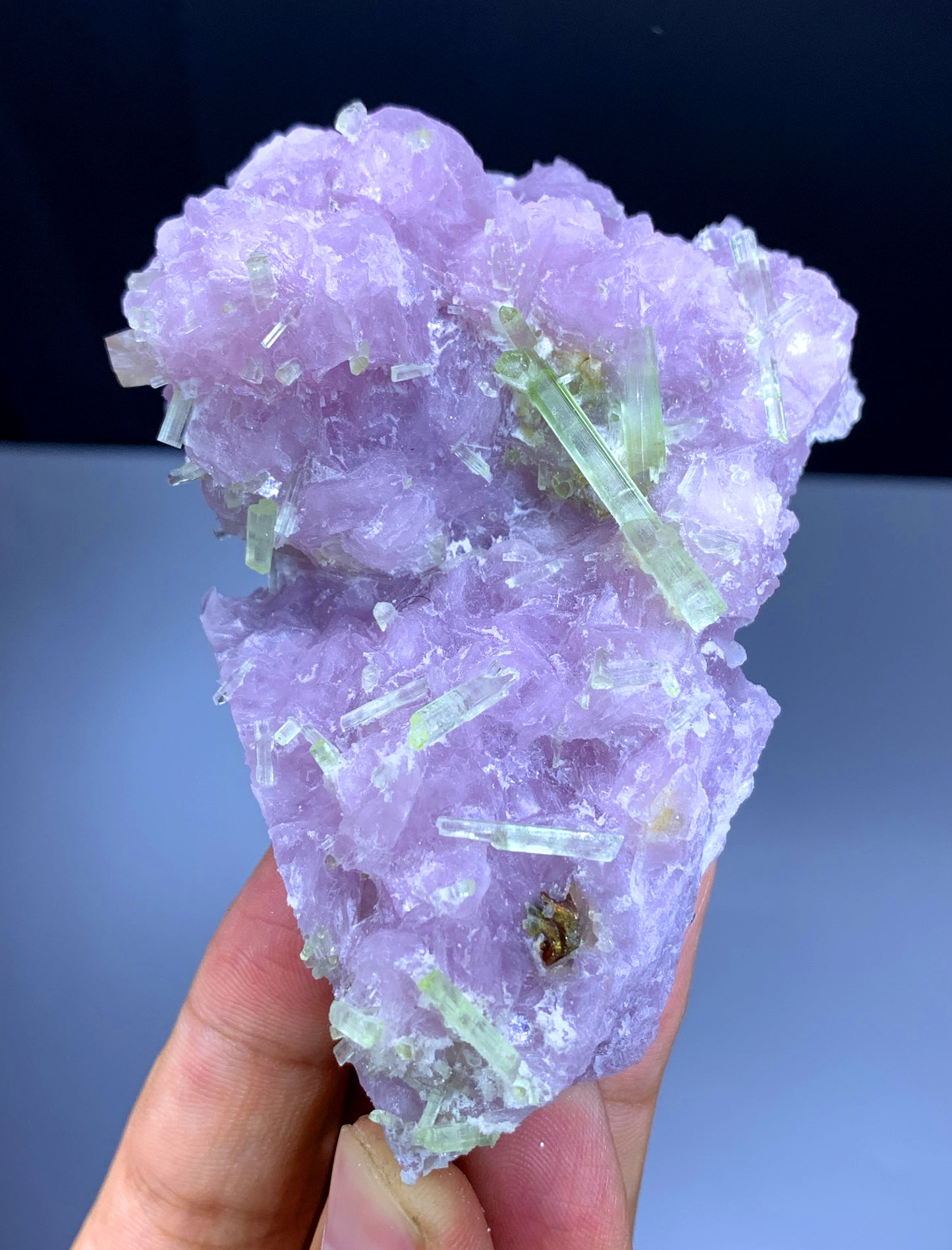 Green Tourmaline Crystals with Rare Microlite on Pink Lepidolite from Pakistan - 198 gram