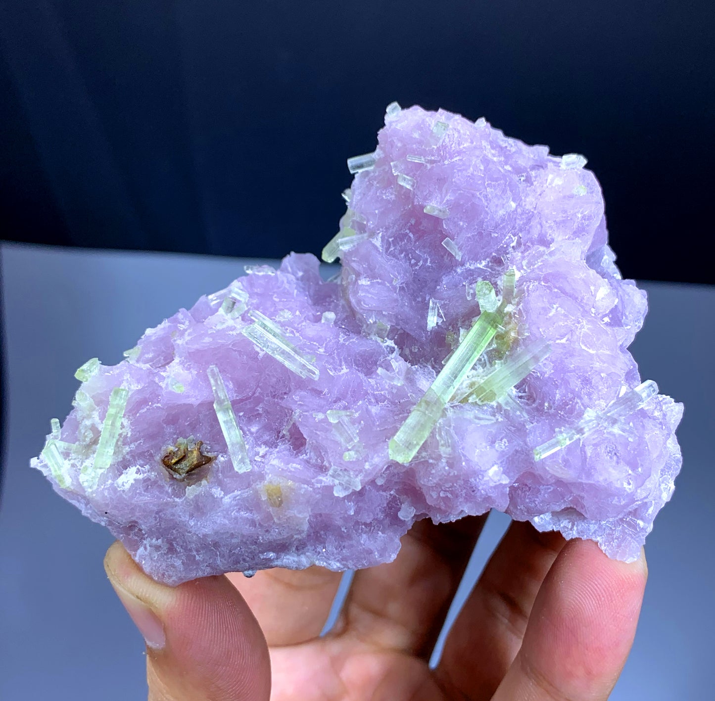 Green Tourmaline Crystals with Rare Microlite on Pink Lepidolite from Pakistan - 198 gram