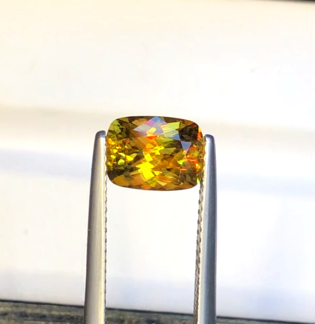 Sparkling Full Fire Sphene Titanite Gemstone With Strong Trichroism, Loose Gemstone, Cusshion Cut Faceted Rare Sphene - 2.10 CT