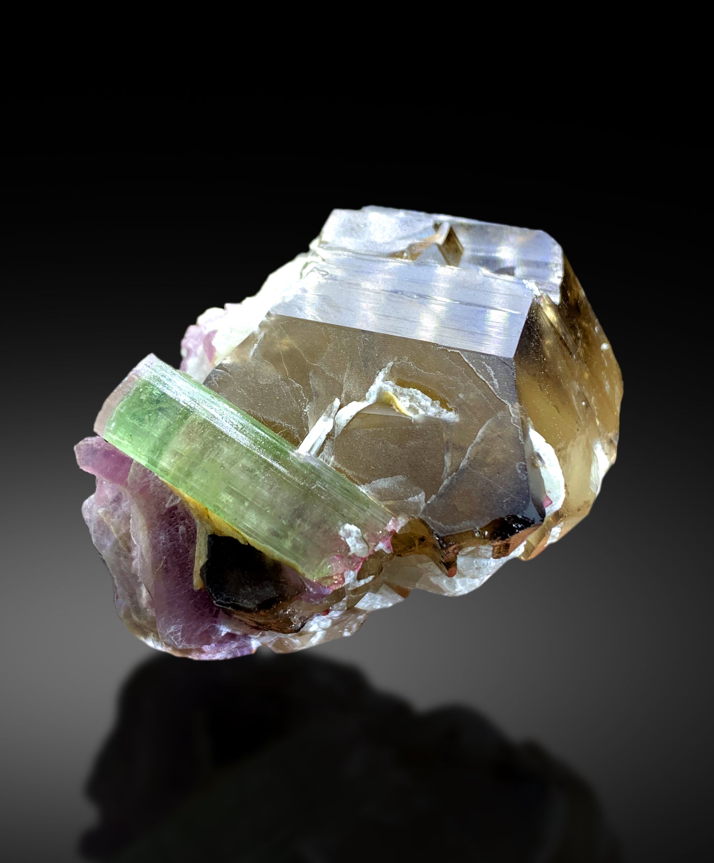 Watermelon Tourmaline on Smoky Quartz and Lepidolite from Paprok Afghanistan - 174 gram