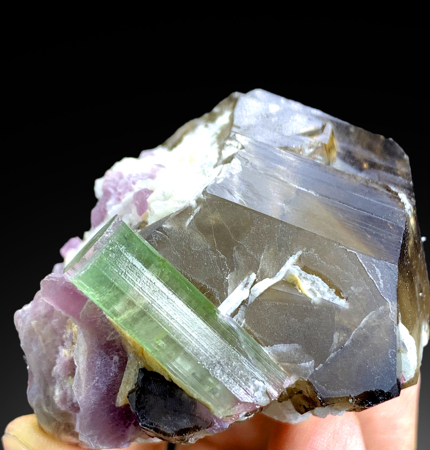 Watermelon Tourmaline on Smoky Quartz and Lepidolite from Paprok Afghanistan - 174 gram