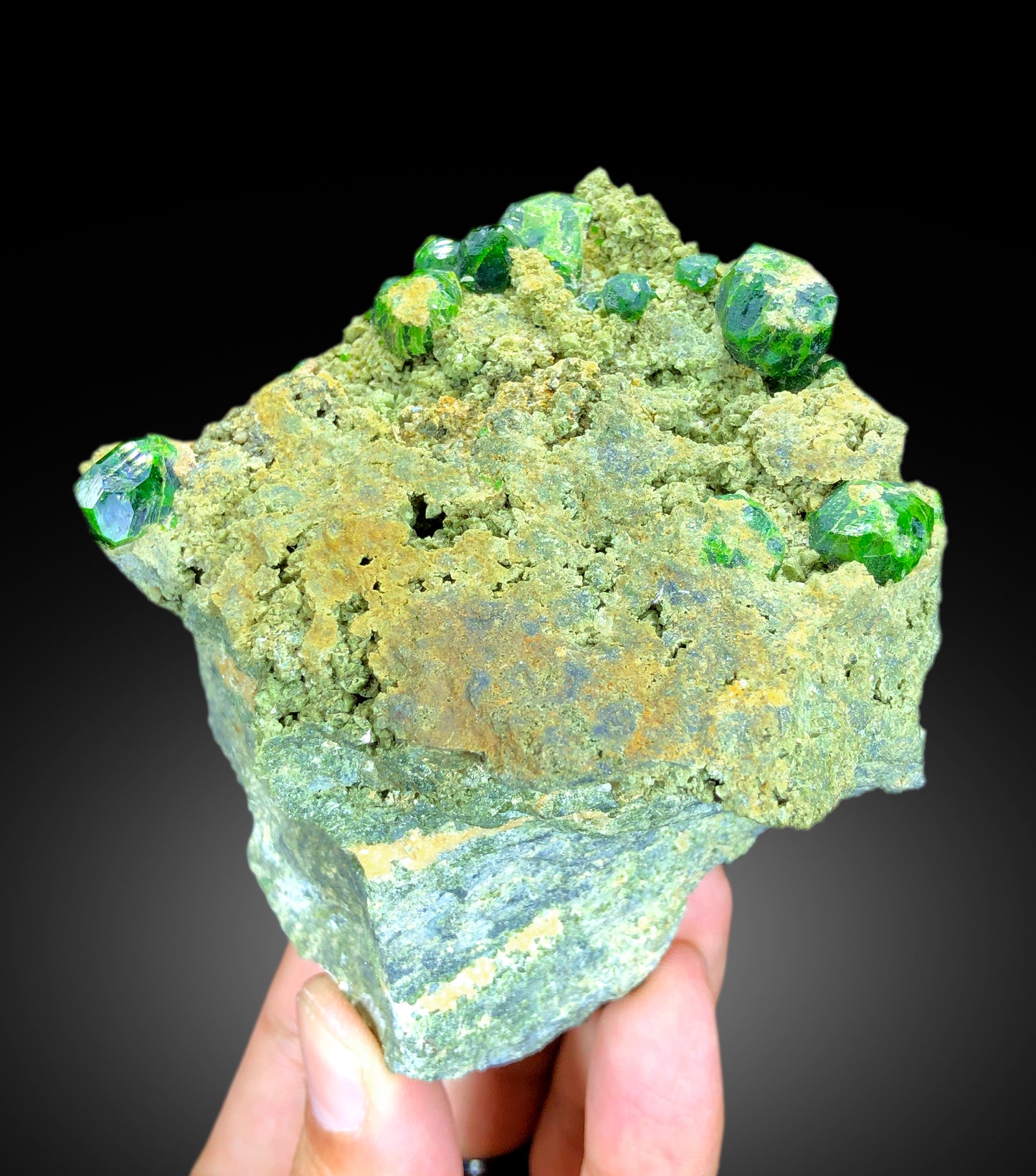 Lush Green Demantoid Garnet Crystals on Matrix, Garnet Specimen, Raw Mineral, Demantoid Garnet Specimen - 375 gram