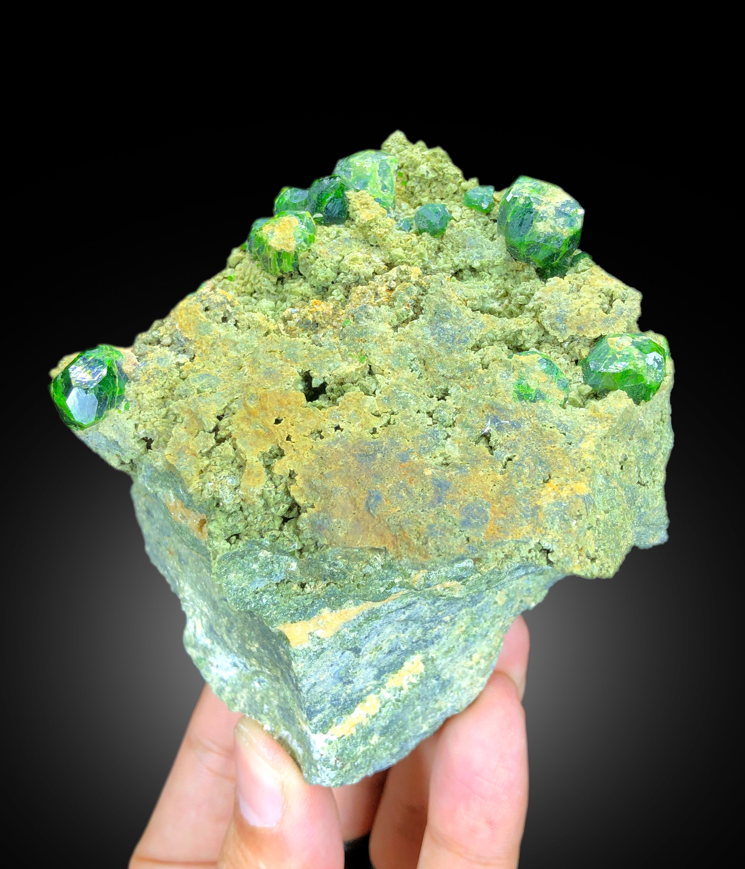 Lush Green Demantoid Garnet Crystals on Matrix, Garnet Specimen, Raw Mineral, Demantoid Garnet Specimen - 375 gram