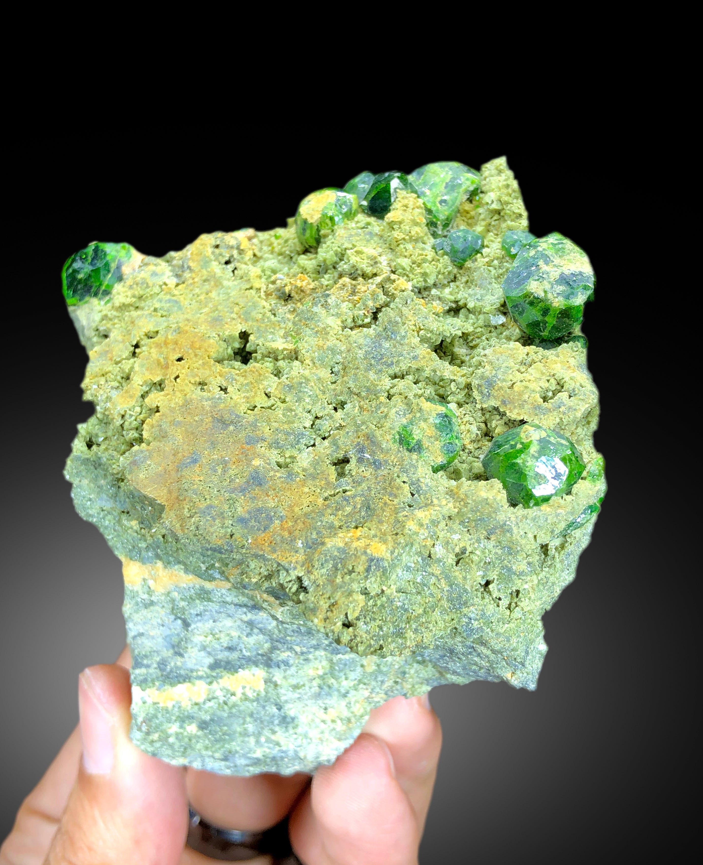 Lush Green Demantoid Garnet Crystals on Matrix, Garnet Specimen, Raw Mineral, Demantoid Garnet Specimen - 375 gram