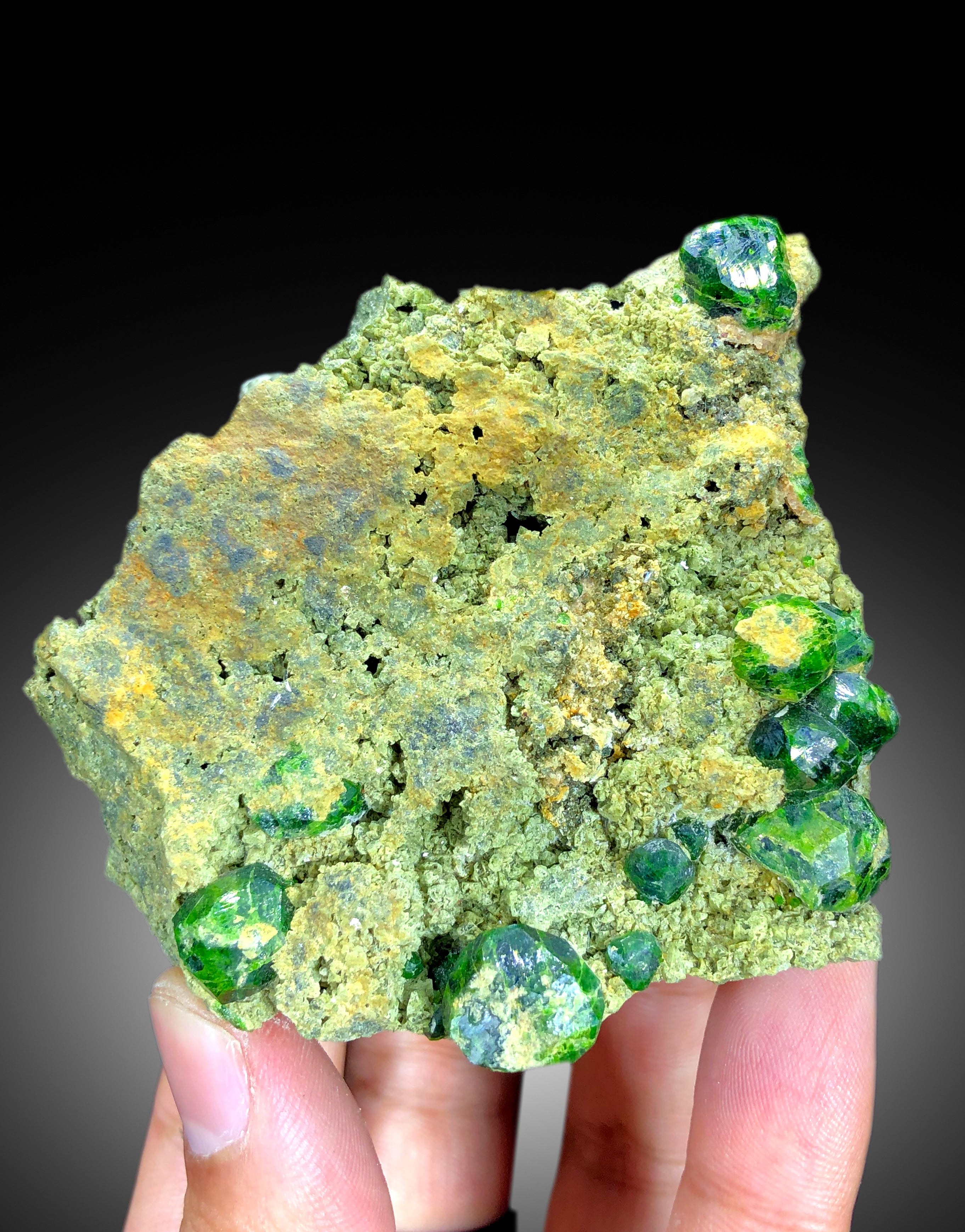 Lush Green Demantoid Garnet Crystals on Matrix, Garnet Specimen, Raw Mineral, Demantoid Garnet Specimen - 375 gram