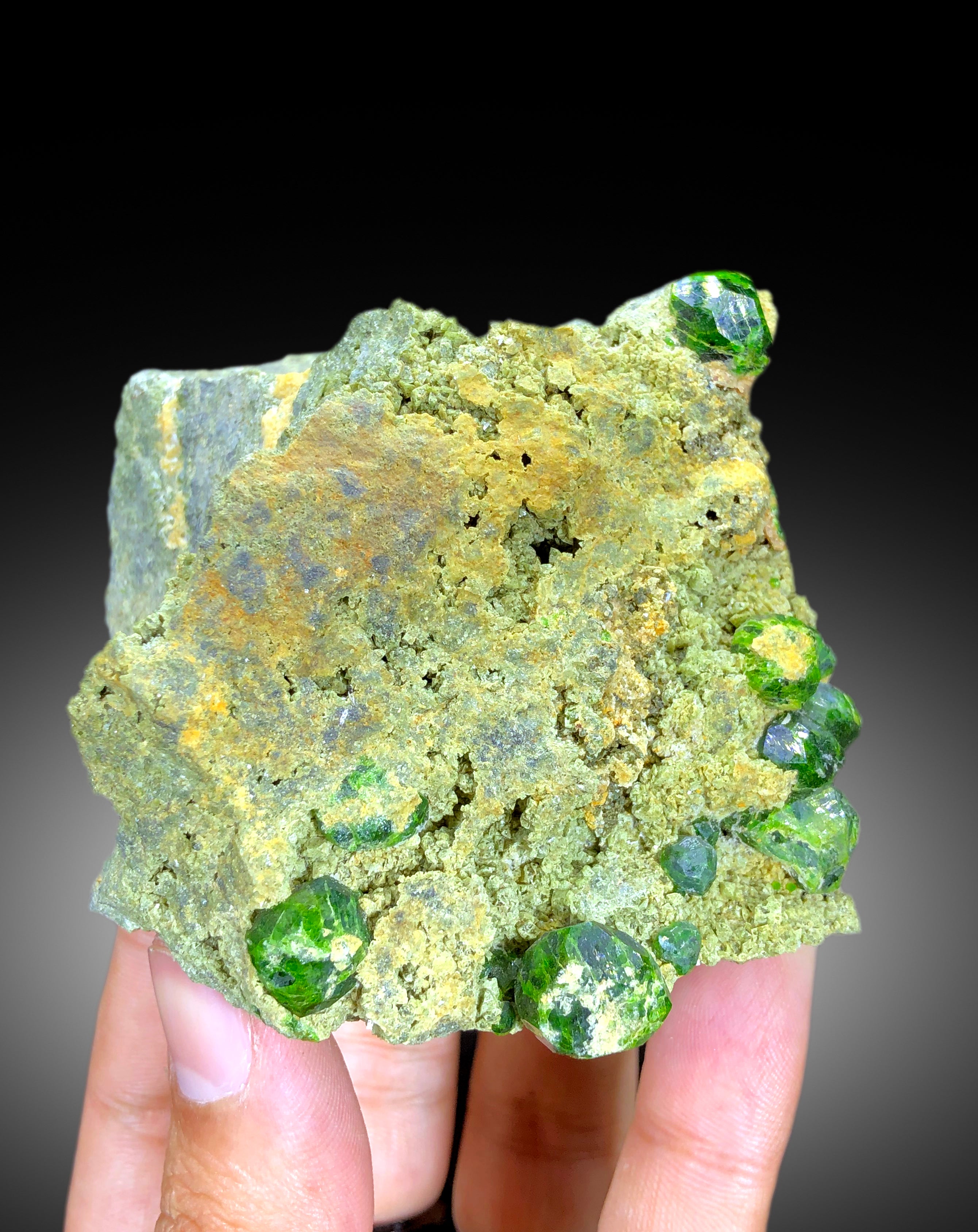 Lush Green Demantoid Garnet Crystals on Matrix, Garnet Specimen, Raw Mineral, Demantoid Garnet Specimen - 375 gram