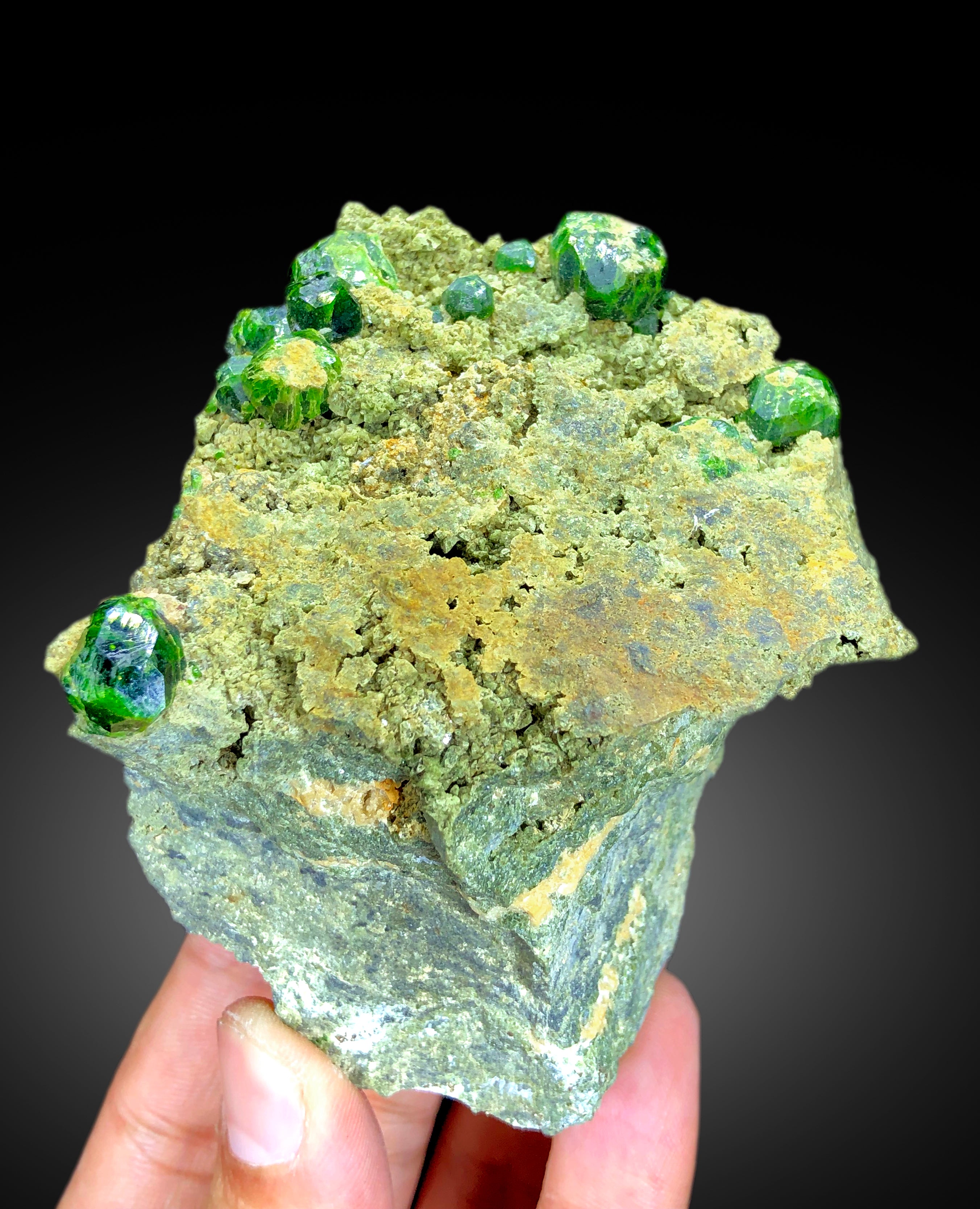 Lush Green Demantoid Garnet Crystals on Matrix, Garnet Specimen, Raw Mineral, Demantoid Garnet Specimen - 375 gram