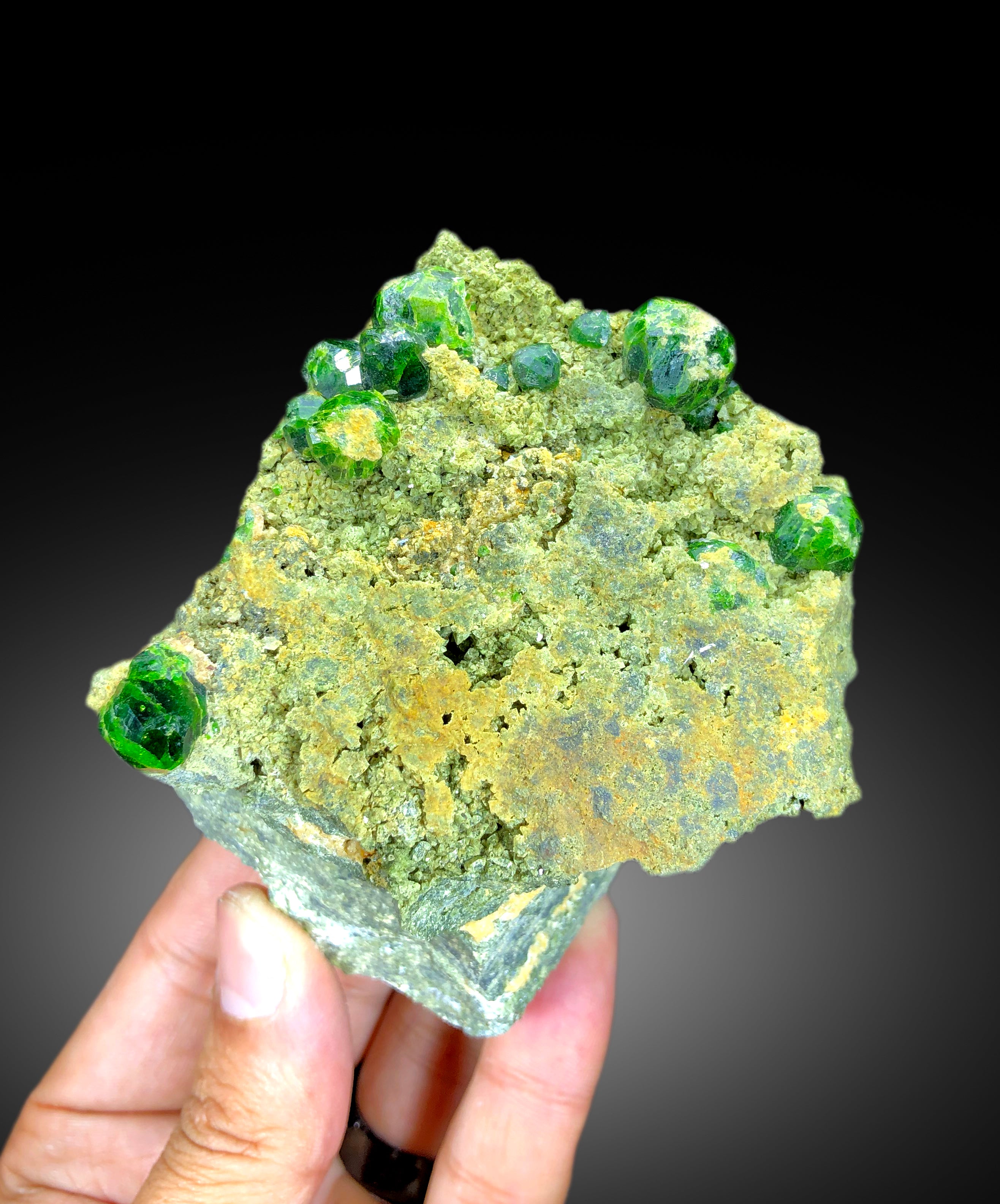 Lush Green Demantoid Garnet Crystals on Matrix, Garnet Specimen, Raw Mineral, Demantoid Garnet Specimen - 375 gram