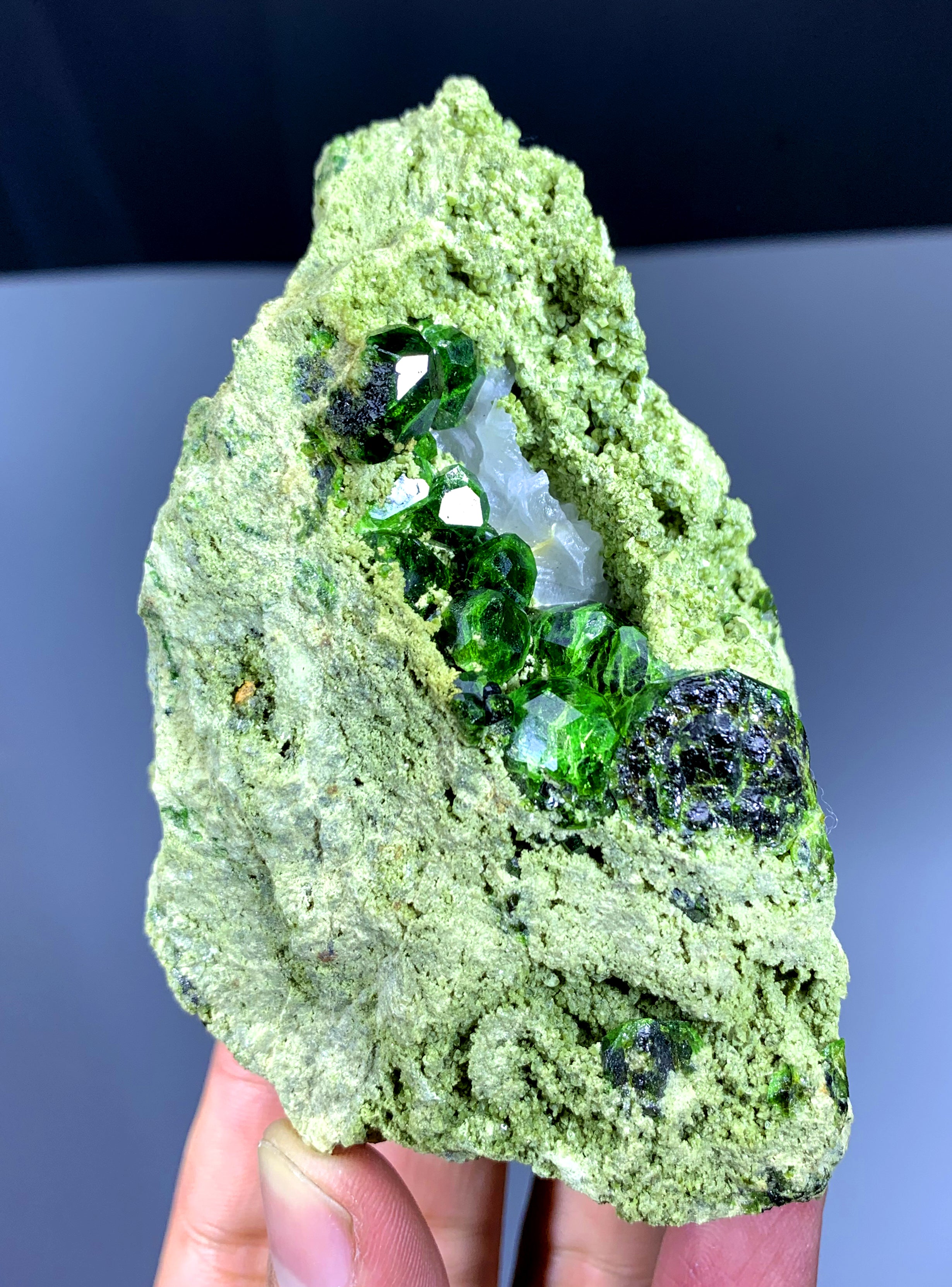 Lush Green Demantoid Garnet Cluster on Matrix - 453 gram