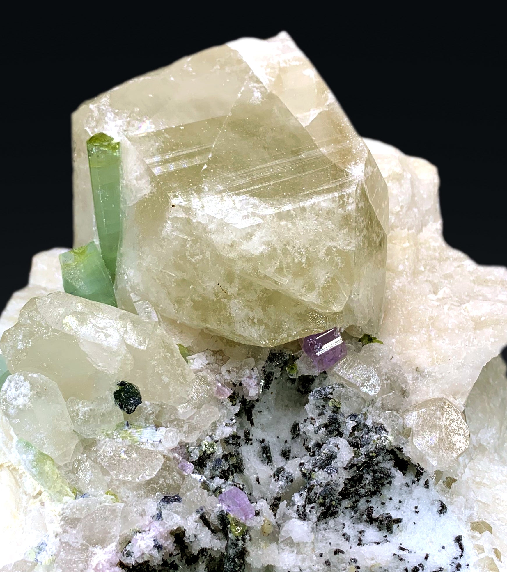 Bicolor Tourmalines with Purple Apatite on Quartz from Afghanistan - 2533 grams