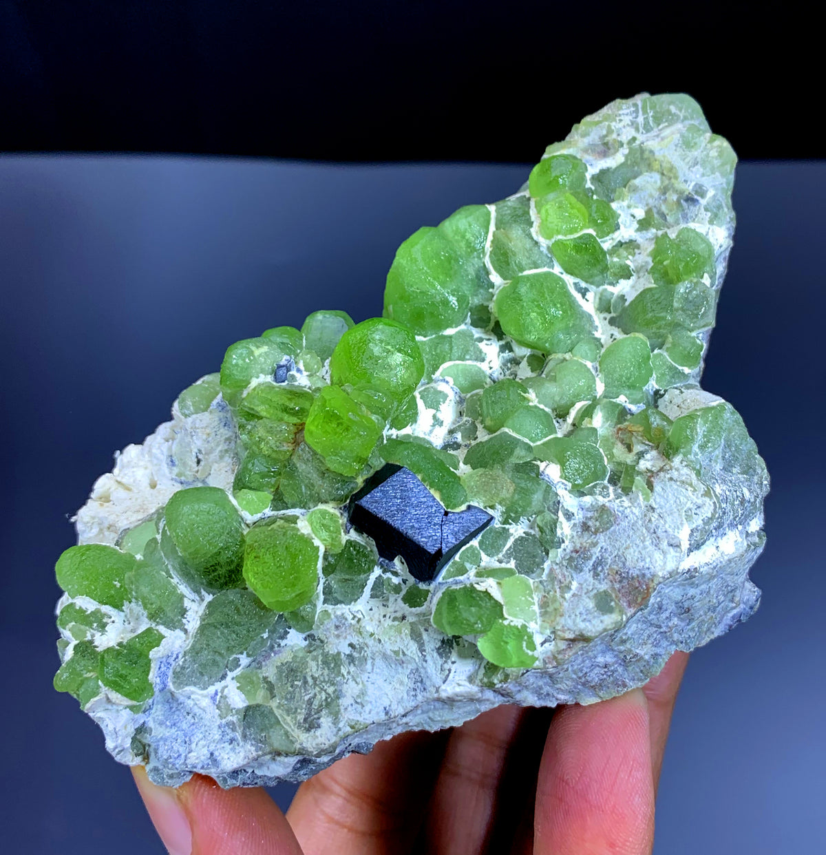 Green Peridot Cluster with Magnetite on Matrix from Supat valley Pakistan - 390 gram
