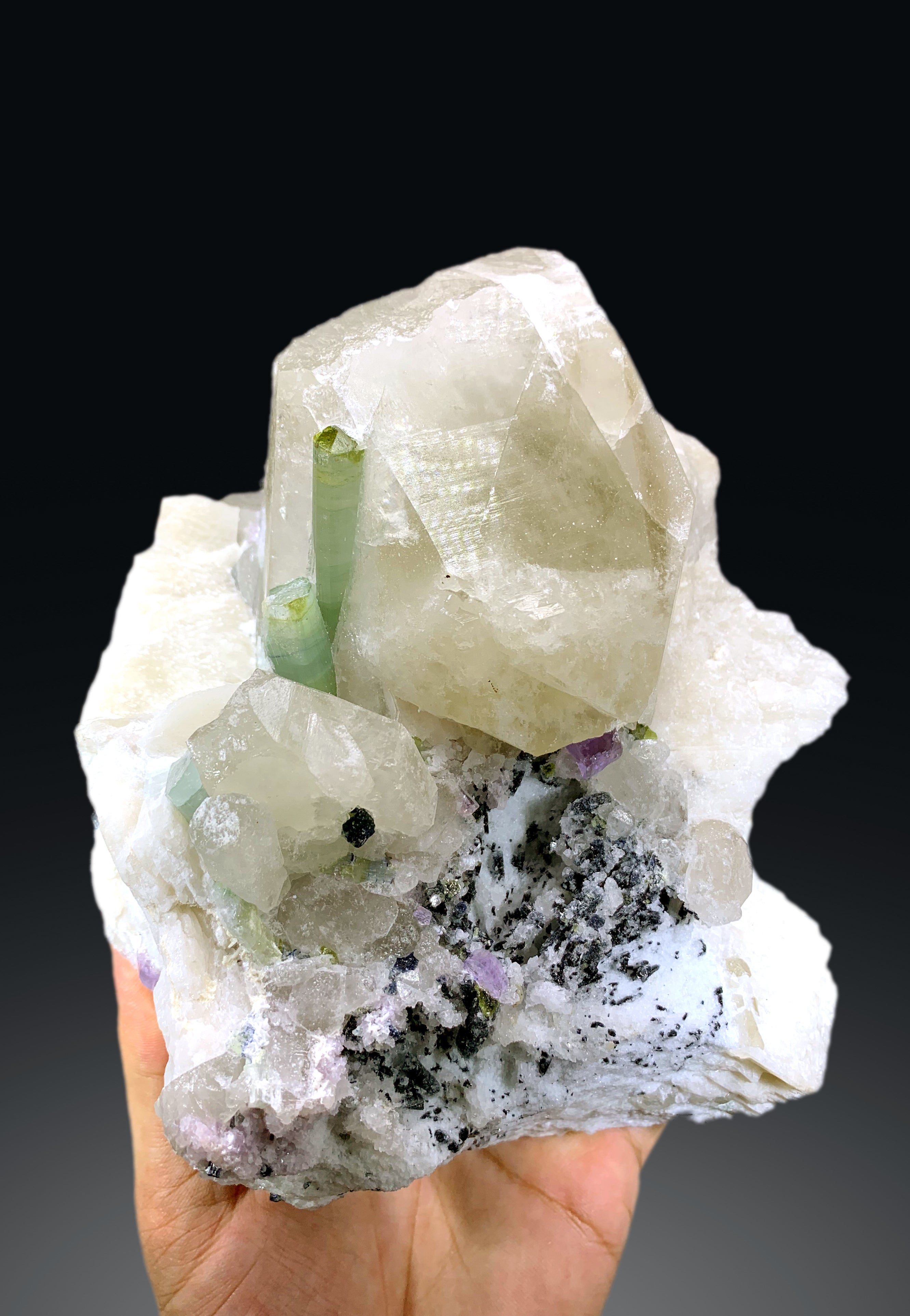 Bicolor Tourmalines with Purple Apatite on Quartz from Afghanistan - 2533 grams