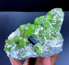 Green Peridot Cluster with Magnetite on Matrix from Supat valley Pakistan - 390 gram