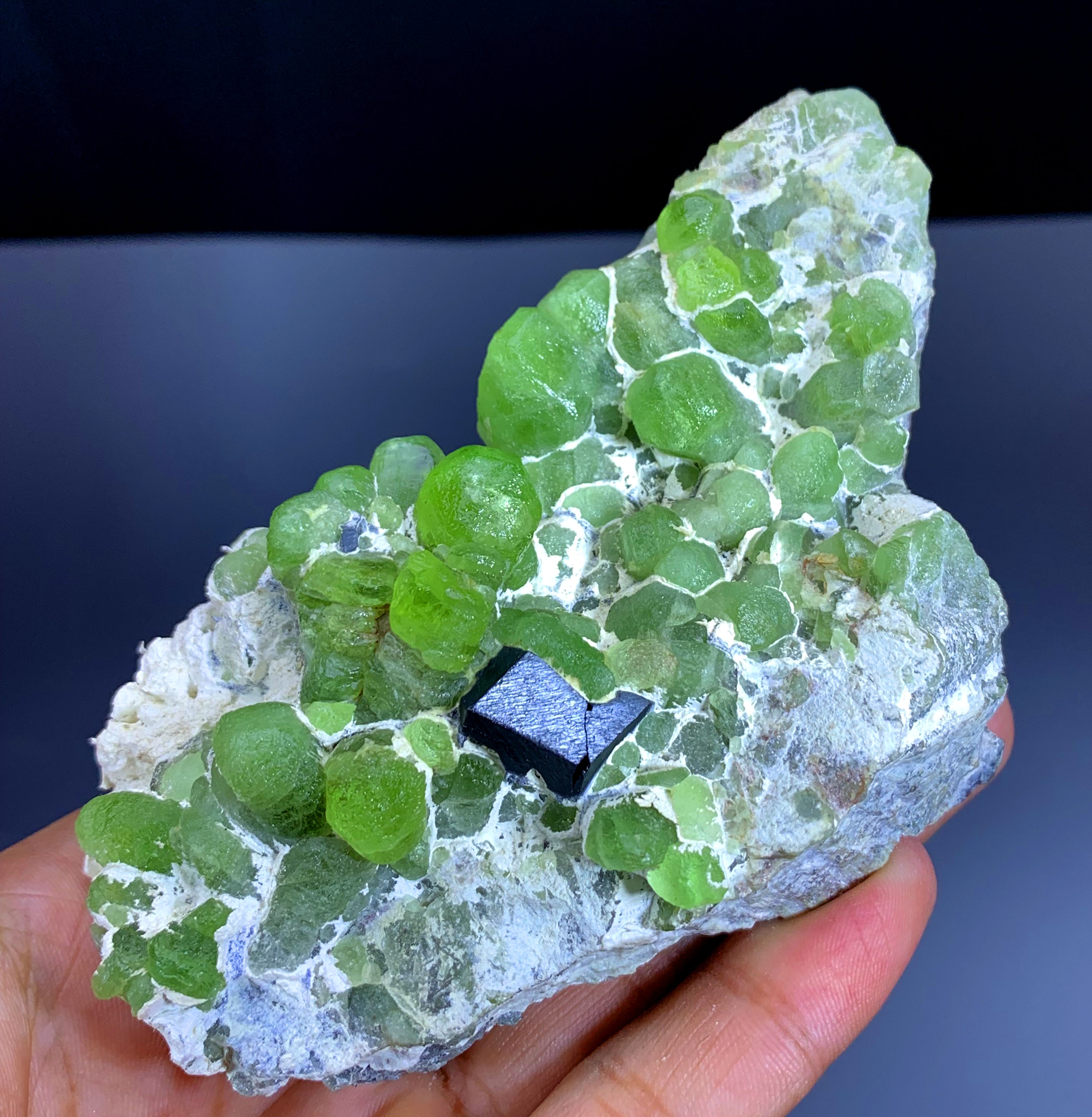 Green Peridot Cluster with Magnetite on Matrix from Supat valley Pakistan - 390 gram