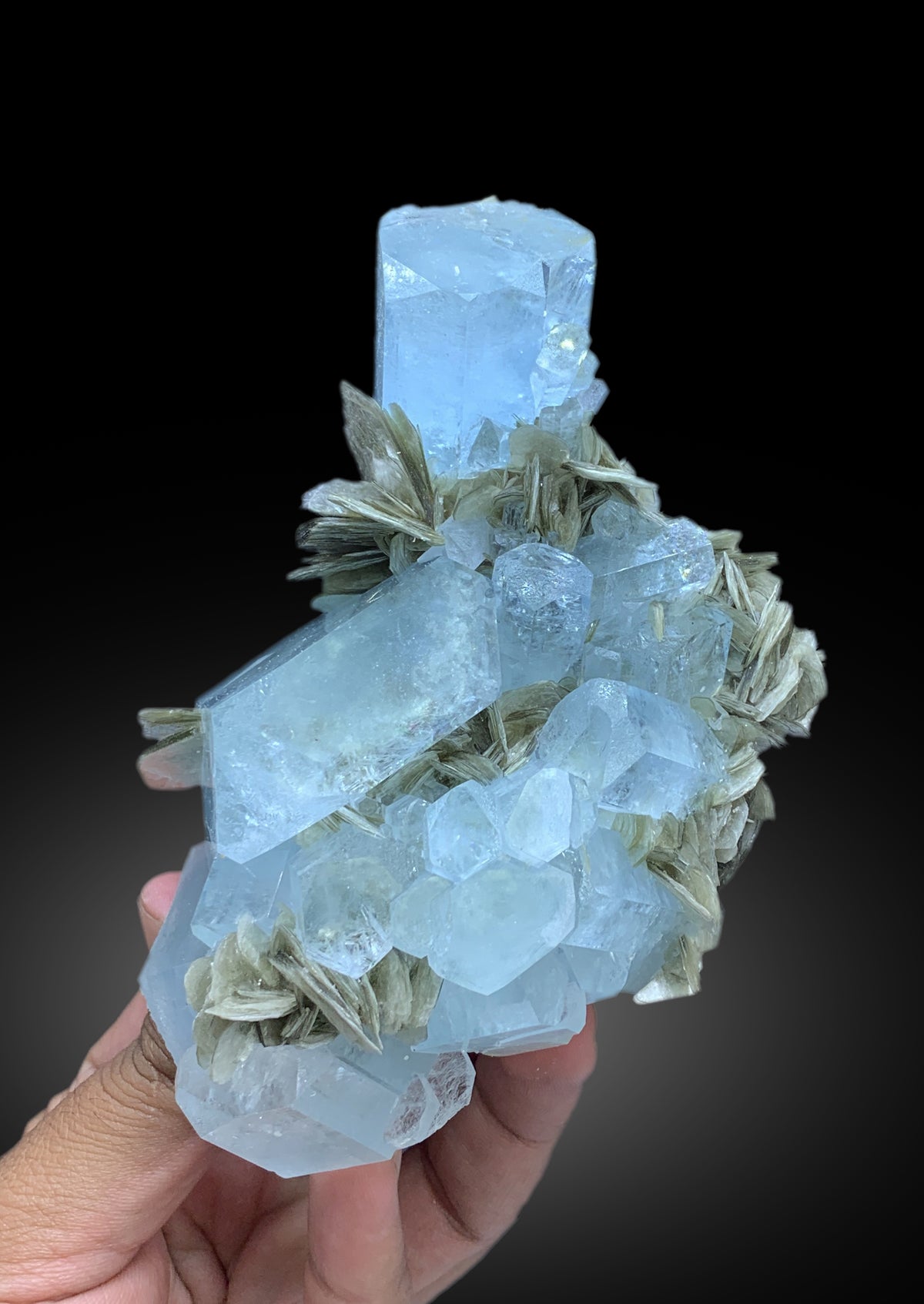 Sky Blue Color Aquamarine Cluster with Muscovite Mica from Nagar valley Hunza, Gilgit Baltistan - 520 gram