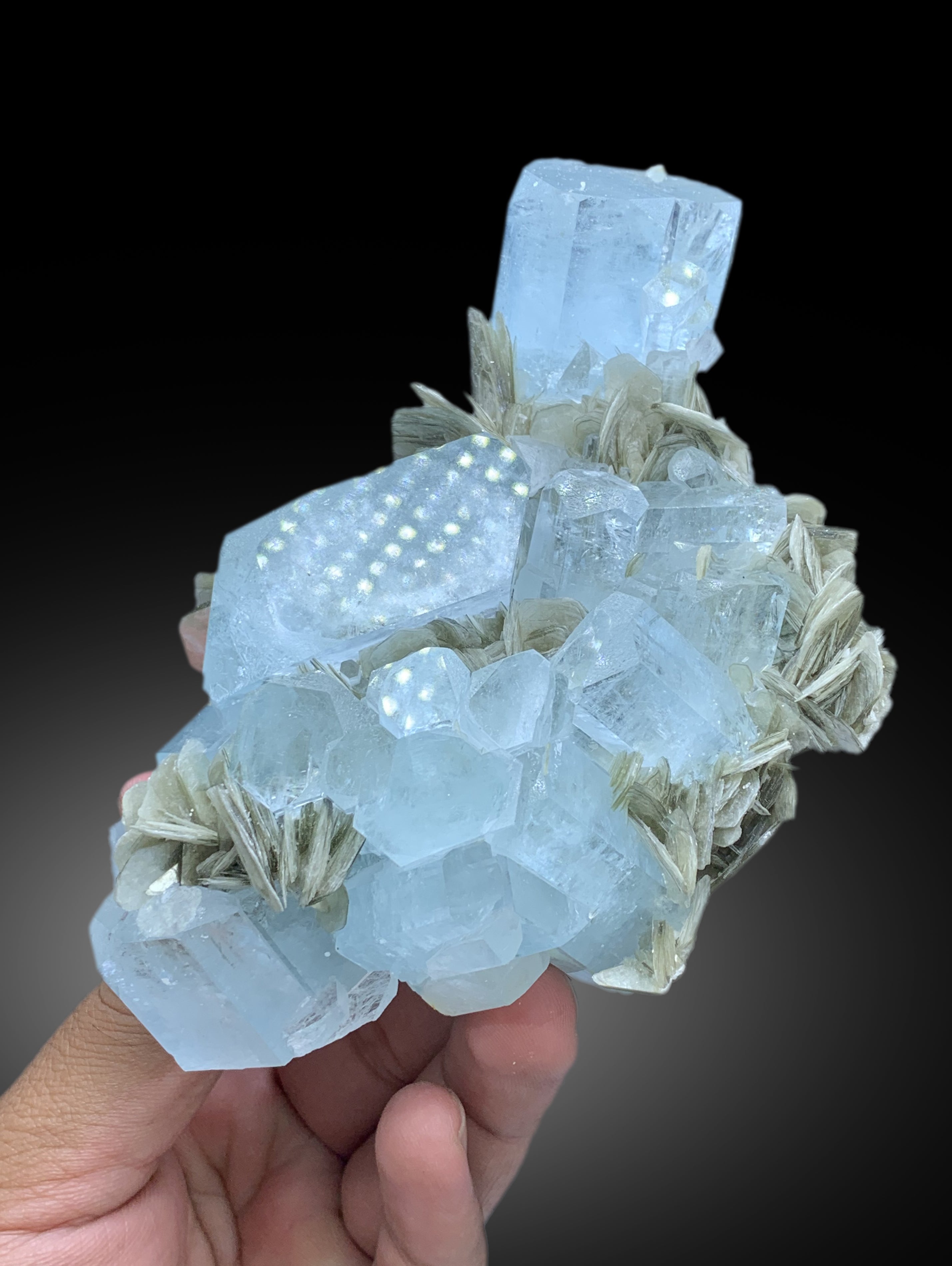 Sky Blue Color Aquamarine Cluster with Muscovite Mica from Nagar valley Hunza, Gilgit Baltistan - 520 gram