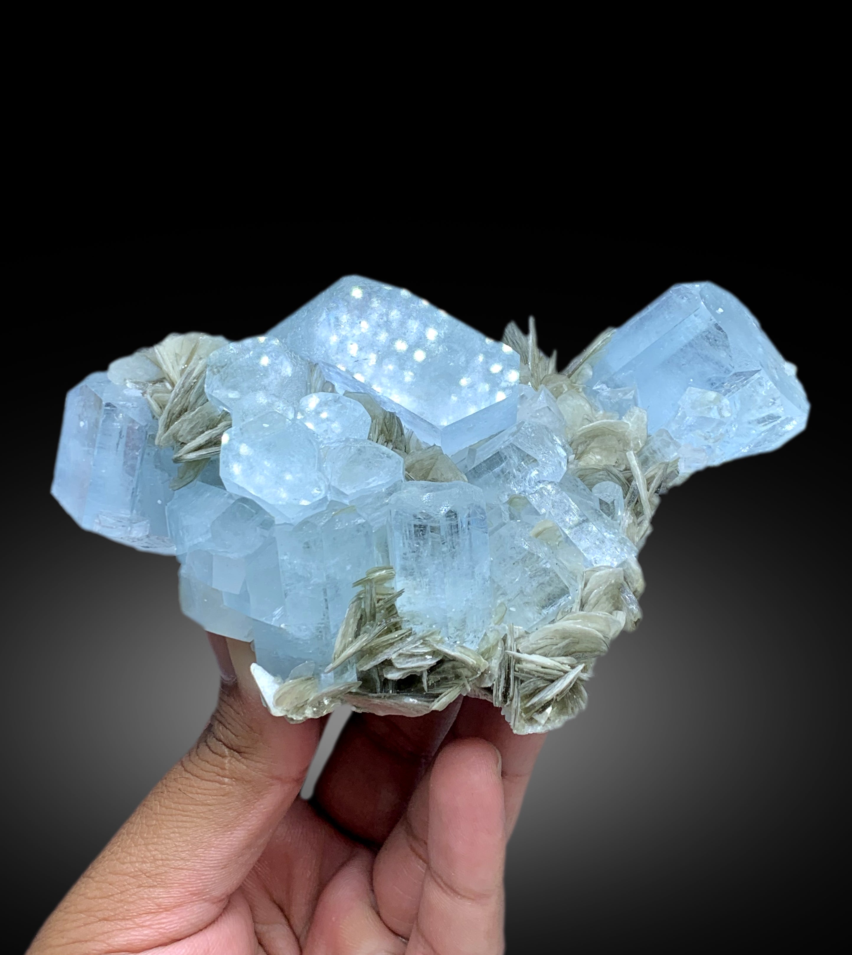 Sky Blue Color Aquamarine Cluster with Muscovite Mica from Nagar valley Hunza, Gilgit Baltistan - 520 gram