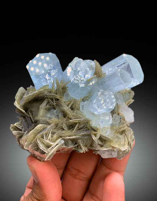 Sky Blue Aquamarine Crystals with Muscovite Mica, Aquamarine Specimen from Nagar valley Hunza, Gilgit Baltistan - 259 gram