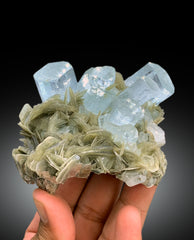 Sky Blue Aquamarine Crystals with Muscovite Mica, Aquamarine Specimen from Nagar valley Hunza, Gilgit Baltistan - 259 gram