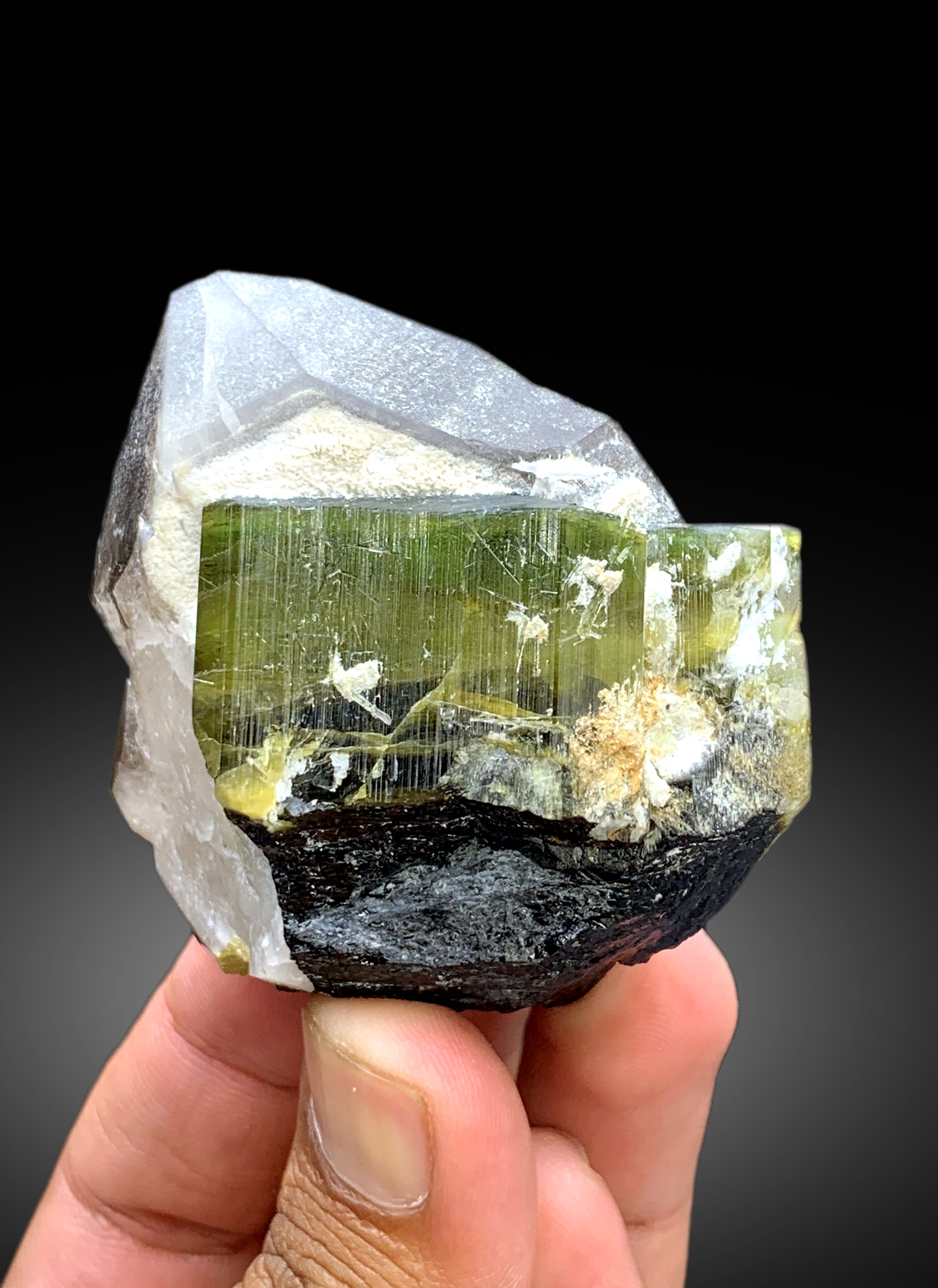 Natural Bicolor Tourmaline Crystals on Smoky Quartz from Paprok Afghanistan - 189 gram