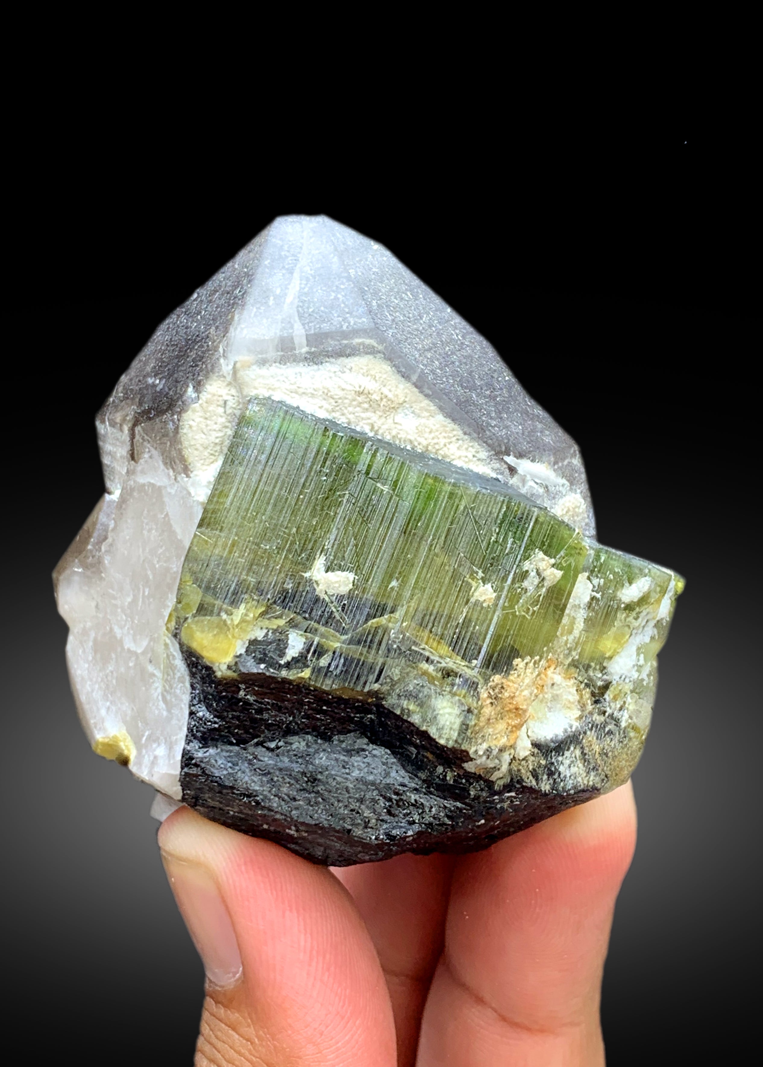 Natural Bicolor Tourmaline Crystals on Smoky Quartz from Paprok Afghanistan - 189 gram