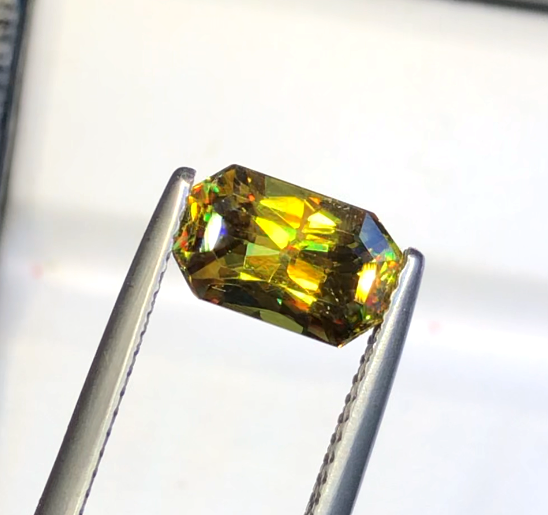 Sparkling Full Fire Sphene Titanite Gemstone With Strong Trichroism, Loose Gemstone, Emerald Cut Faceted Rare Sphene - 1.95 CT