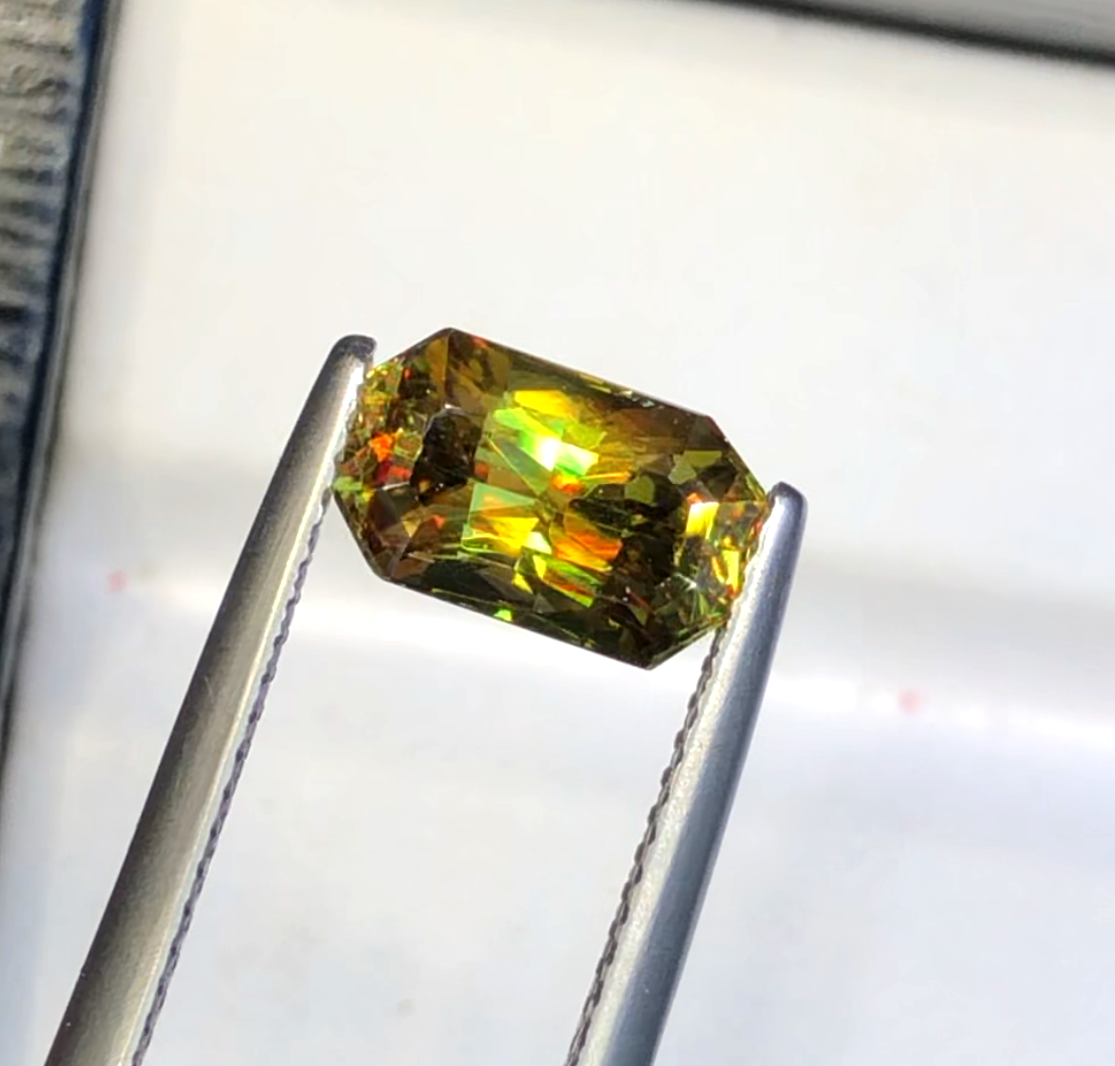 Sparkling Full Fire Sphene Titanite Gemstone With Strong Trichroism, Loose Gemstone, Emerald Cut Faceted Rare Sphene - 1.95 CT