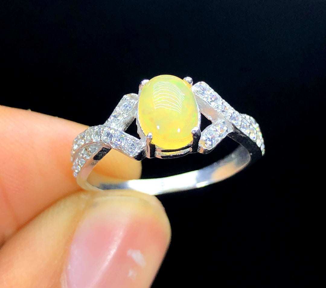 Ethopian Opal with White Zircon Ring, Natural Opal, Opal Jewellry, Handmade Ring, Sterling Silver 925, Opal Gemstone, Gemstone Jewellry