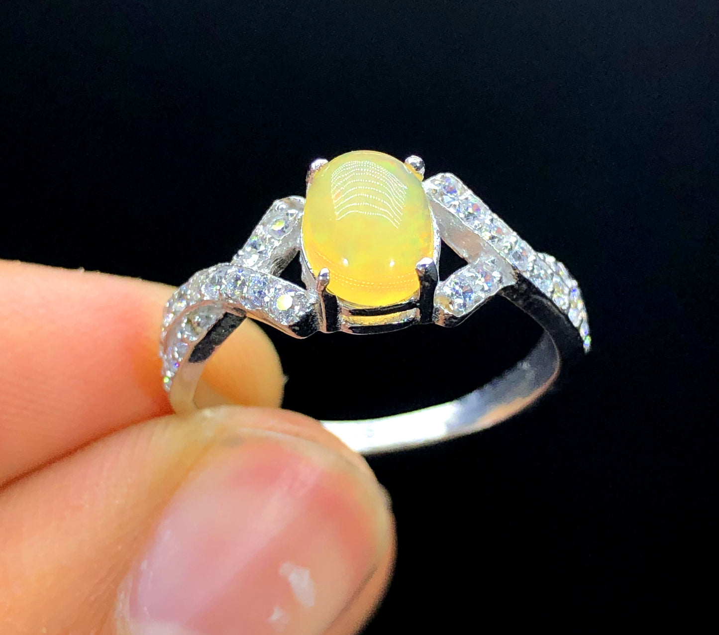 Ethopian Opal with White Zircon Ring, Natural Opal, Opal Jewellry, Handmade Ring, Sterling Silver 925, Opal Gemstone, Gemstone Jewellry