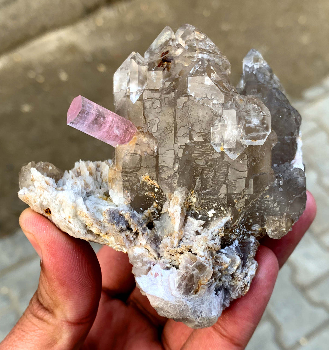Natural Pink Color Tourmaline Crystal with Smoky Quartz and Albite, Tourmaline Specimen, Tourmaline from Paprok Afghanistan - 294 gram