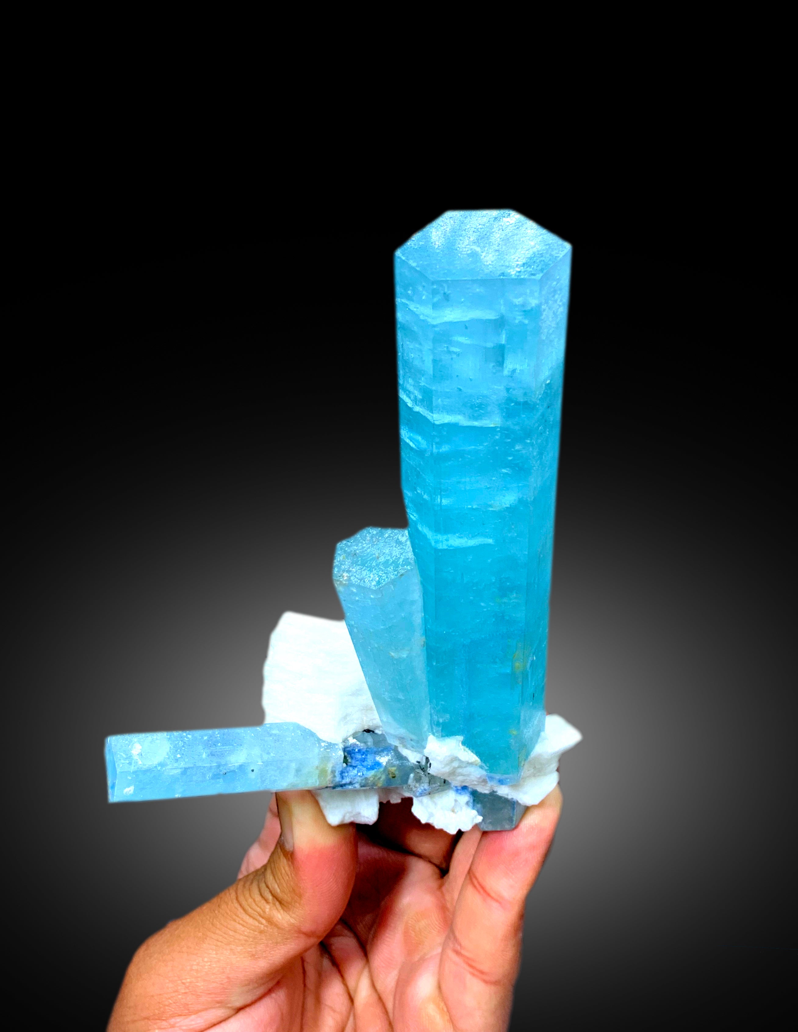 Exquisite Museum Grade Sky Blue Aquamarine Crystals with Ferberite and Feldspar, Shigar Aquamarine, Aquamarine Specimen - 306 gram