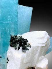 Exquisite Museum Grade Sky Blue Aquamarine Crystals with Ferberite and Feldspar, Shigar Aquamarine, Aquamarine Specimen - 306 gram