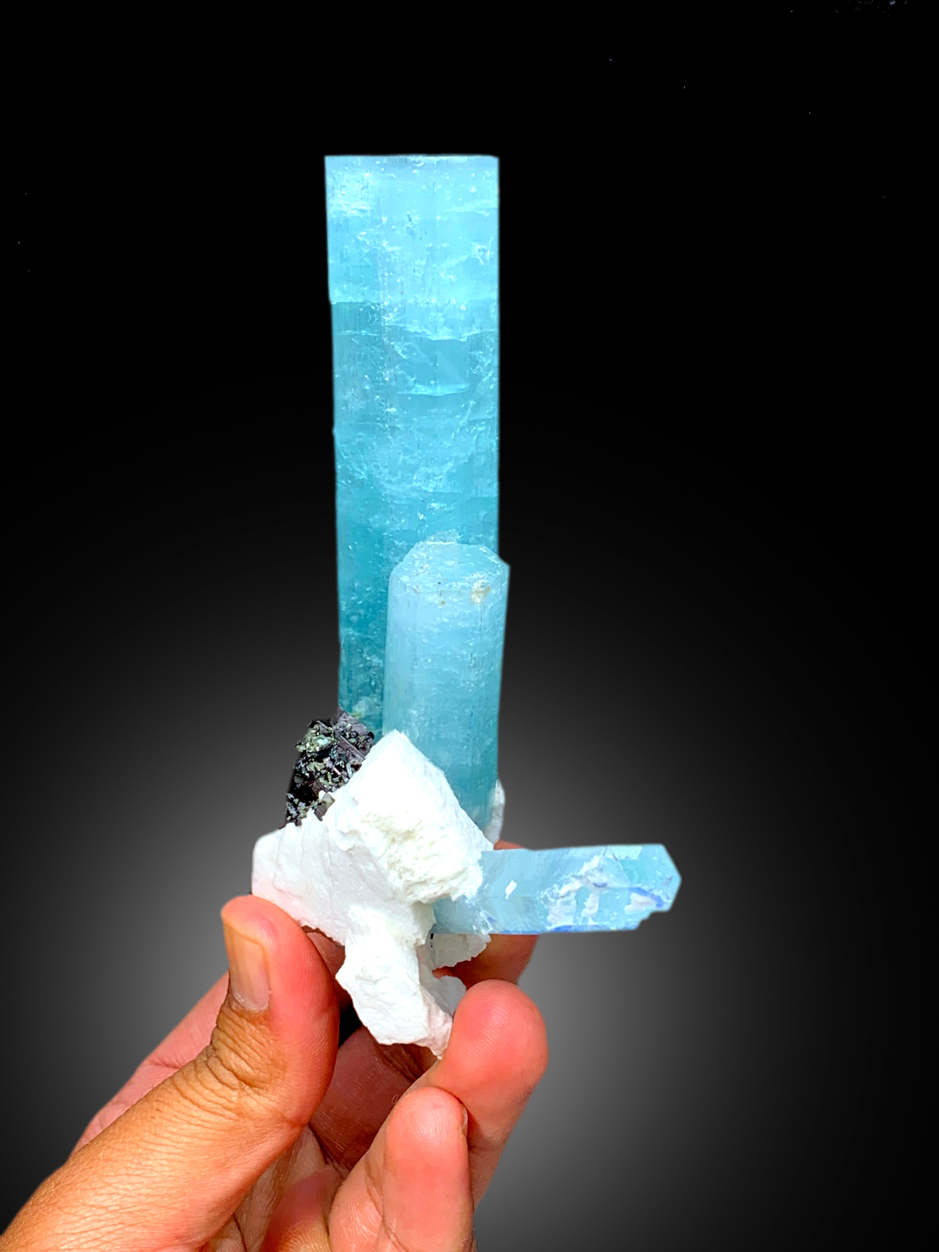 Exquisite Museum Grade Sky Blue Aquamarine Crystals with Ferberite and Feldspar, Shigar Aquamarine, Aquamarine Specimen - 306 gram