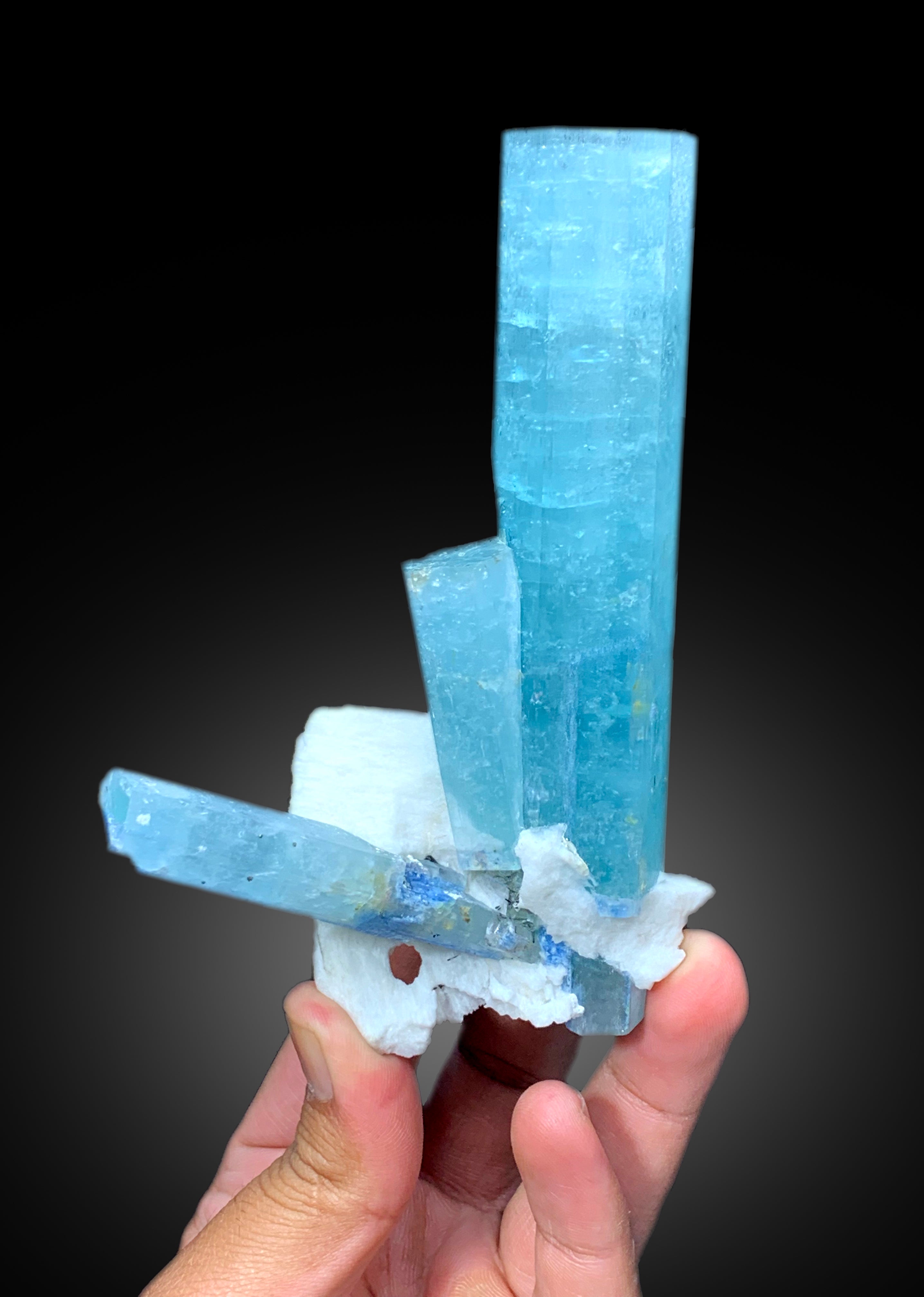 Exquisite Museum Grade Sky Blue Aquamarine Crystals with Ferberite and Feldspar, Shigar Aquamarine, Aquamarine Specimen - 306 gram