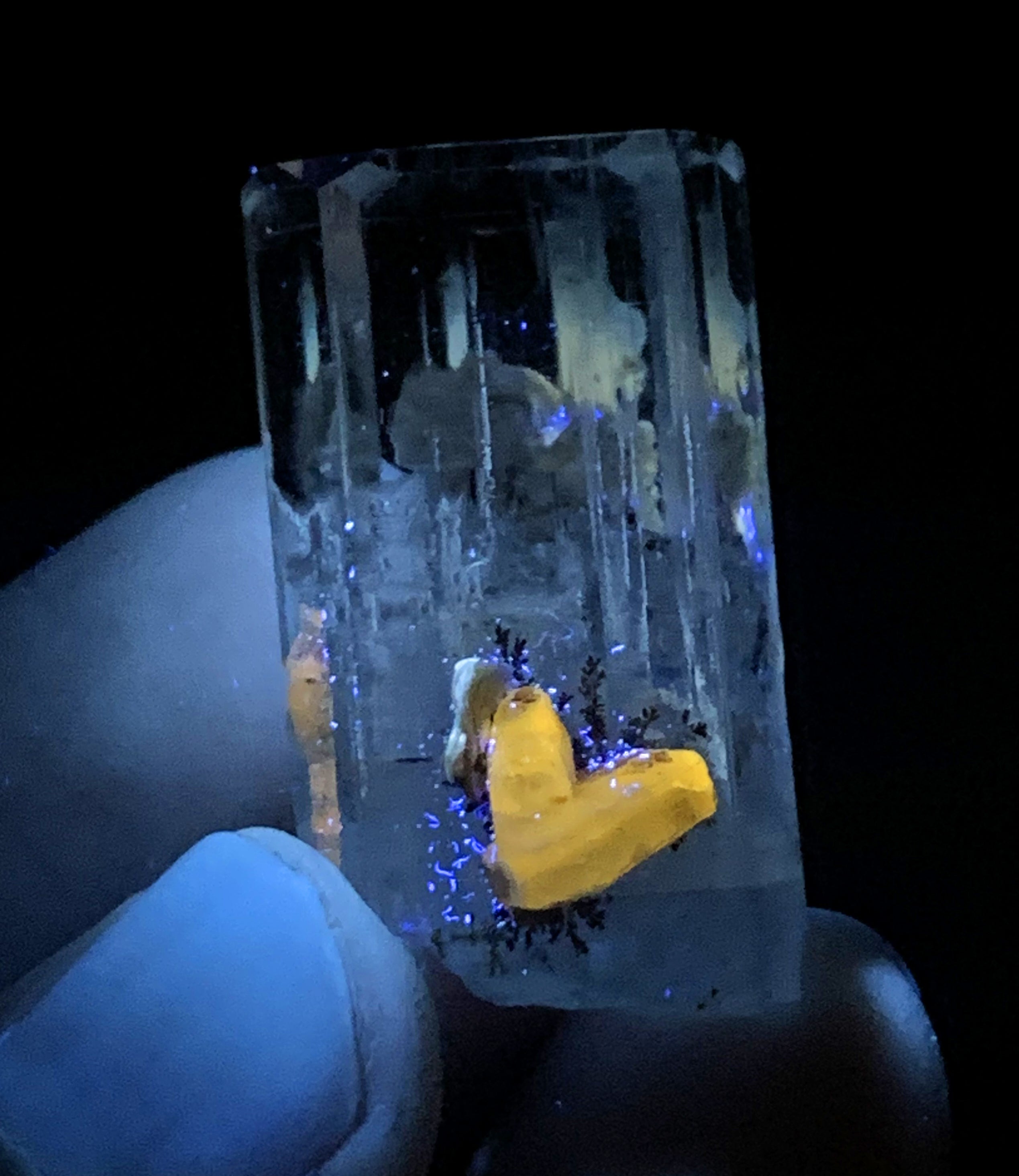 Sky Blue Aquamarine with Dendrites and Fluorescent Apatite from Shigar Pakistan - 12 grams