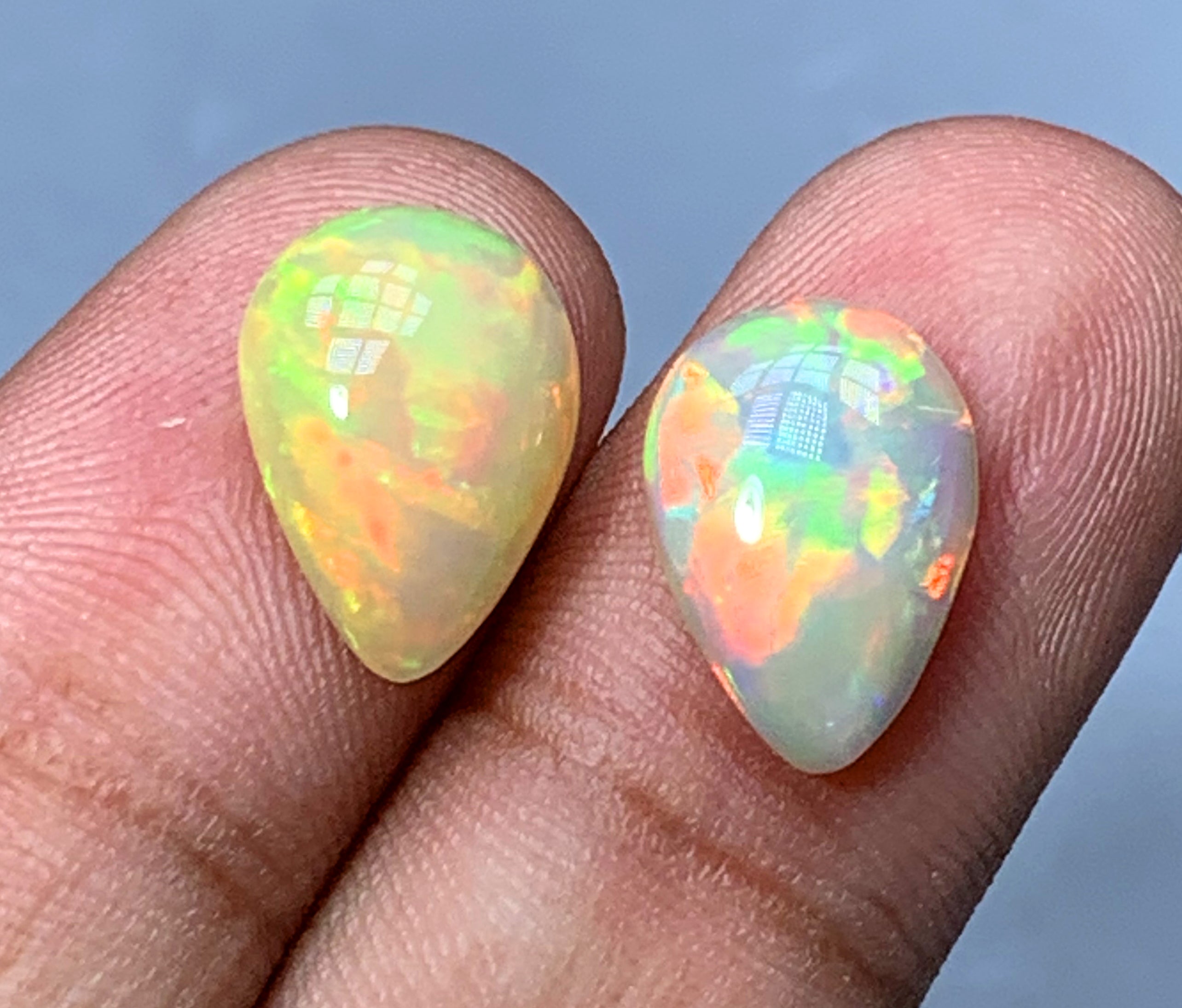 Full Fire Opal Cabochon Pair, Ethiopian Earth Mined Welo Opal Cabochon, Natural Opal Ring, Opal Gemstone, Jewelry Making - 6.65 CT