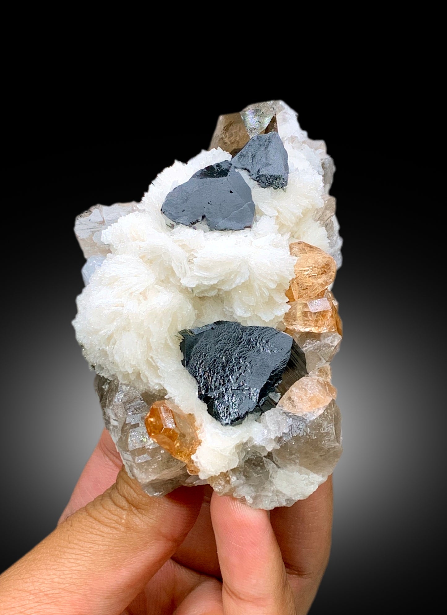 Natural Topaz Crystals with Schorl Black Tourmalines, Quartz and Cleavelandite Albite, Topaz Specimen - 240 gram