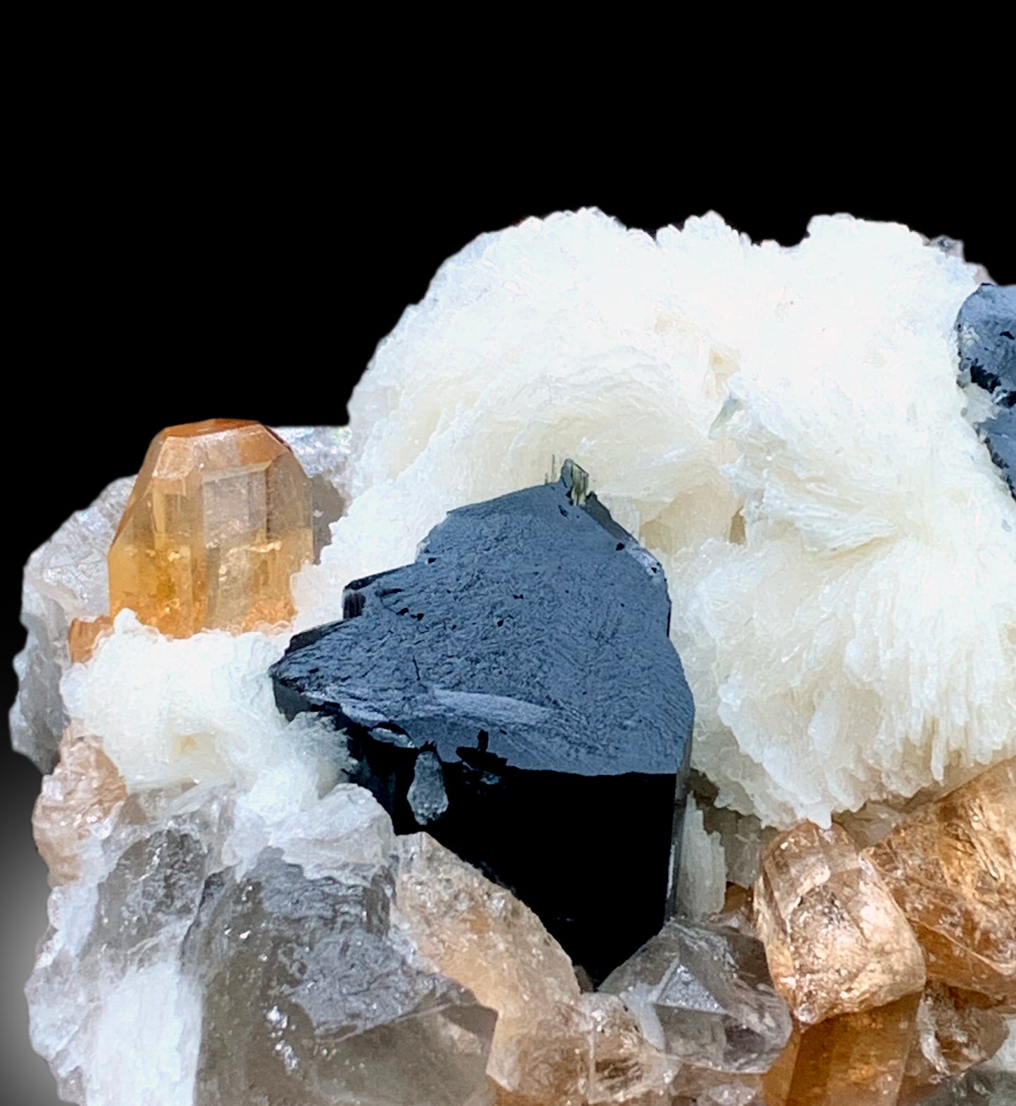 Natural Topaz Crystals with Schorl Black Tourmalines, Quartz and Cleavelandite Albite, Topaz Specimen - 240 gram