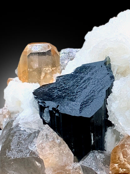 Natural Topaz Crystals with Schorl Black Tourmalines, Quartz and Cleavelandite Albite, Topaz Specimen - 240 gram